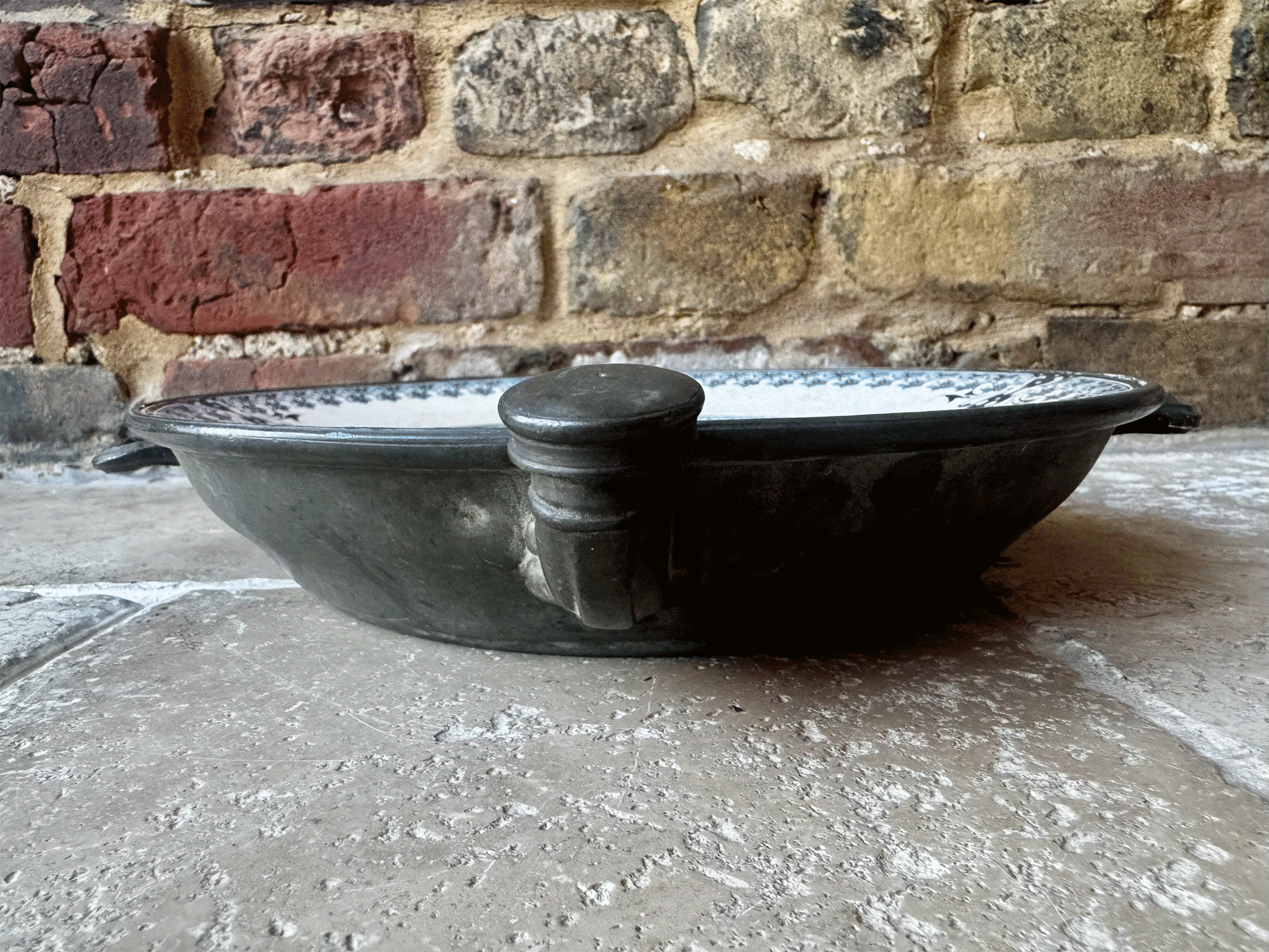 antique french rare blue transferware terre de fer ironstone warming plate platter pewter base