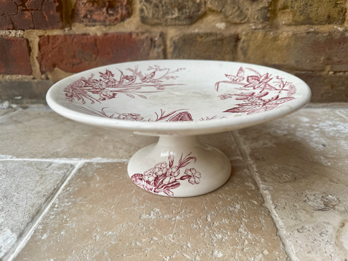 antique french white ironstone pink transferware terre de fer compotier compote dish butterflies flowers florals