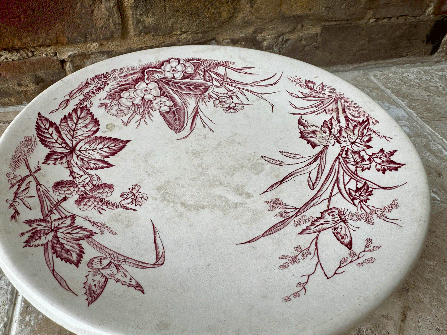antique french white ironstone pink transferware terre de fer compotier compote dish butterflies flowers florals