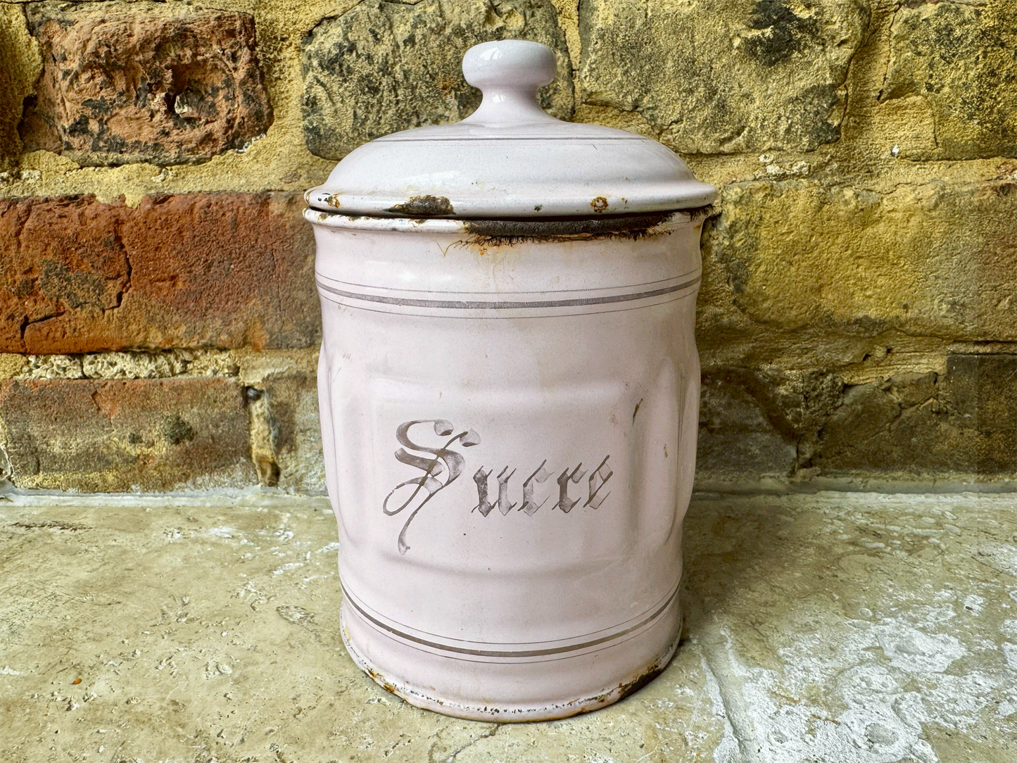 antique french pink enamel sucre kitchen canister storage jar