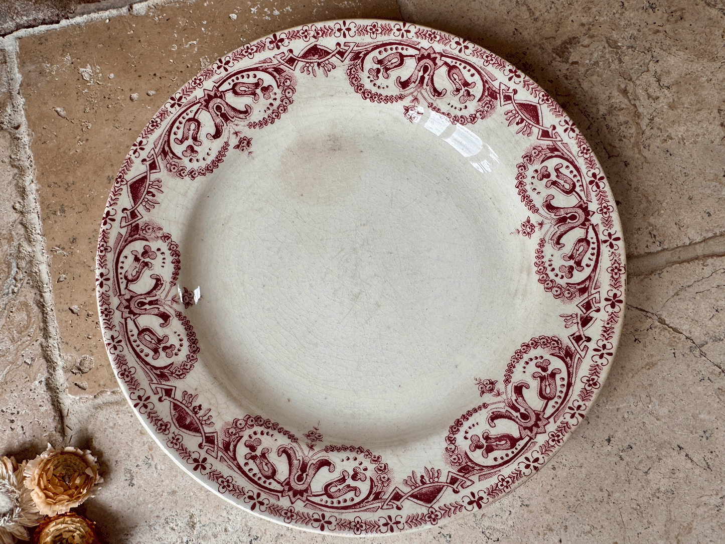 antique french caiffa guirlande pink red transferware assiette plate terre de fer ironstone