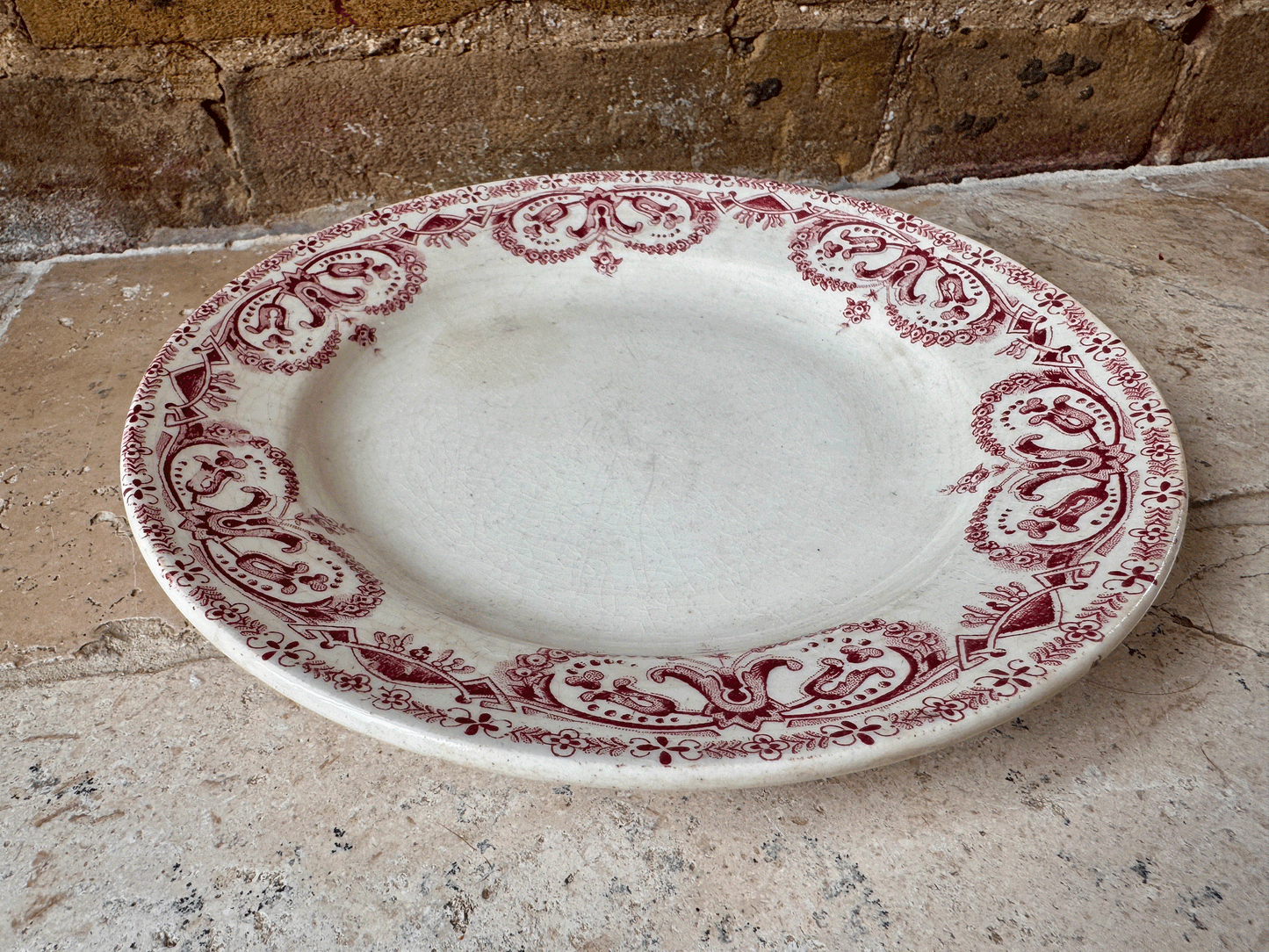antique french caiffa guirlande pink red transferware assiette plate terre de fer ironstone