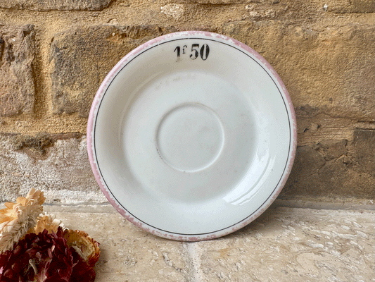 antique french small white ironstone cafe bistro absinthe plate pink coloured rim money
