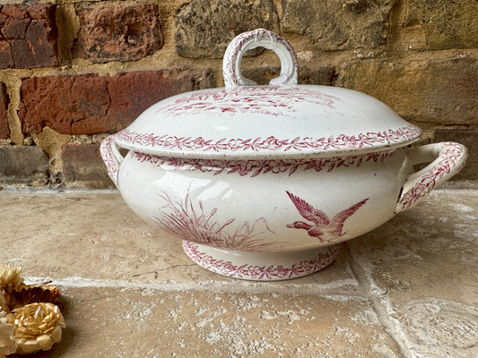 antique french pink transferware soupiere alaville st denis paris ironstone terre de fer country scenes