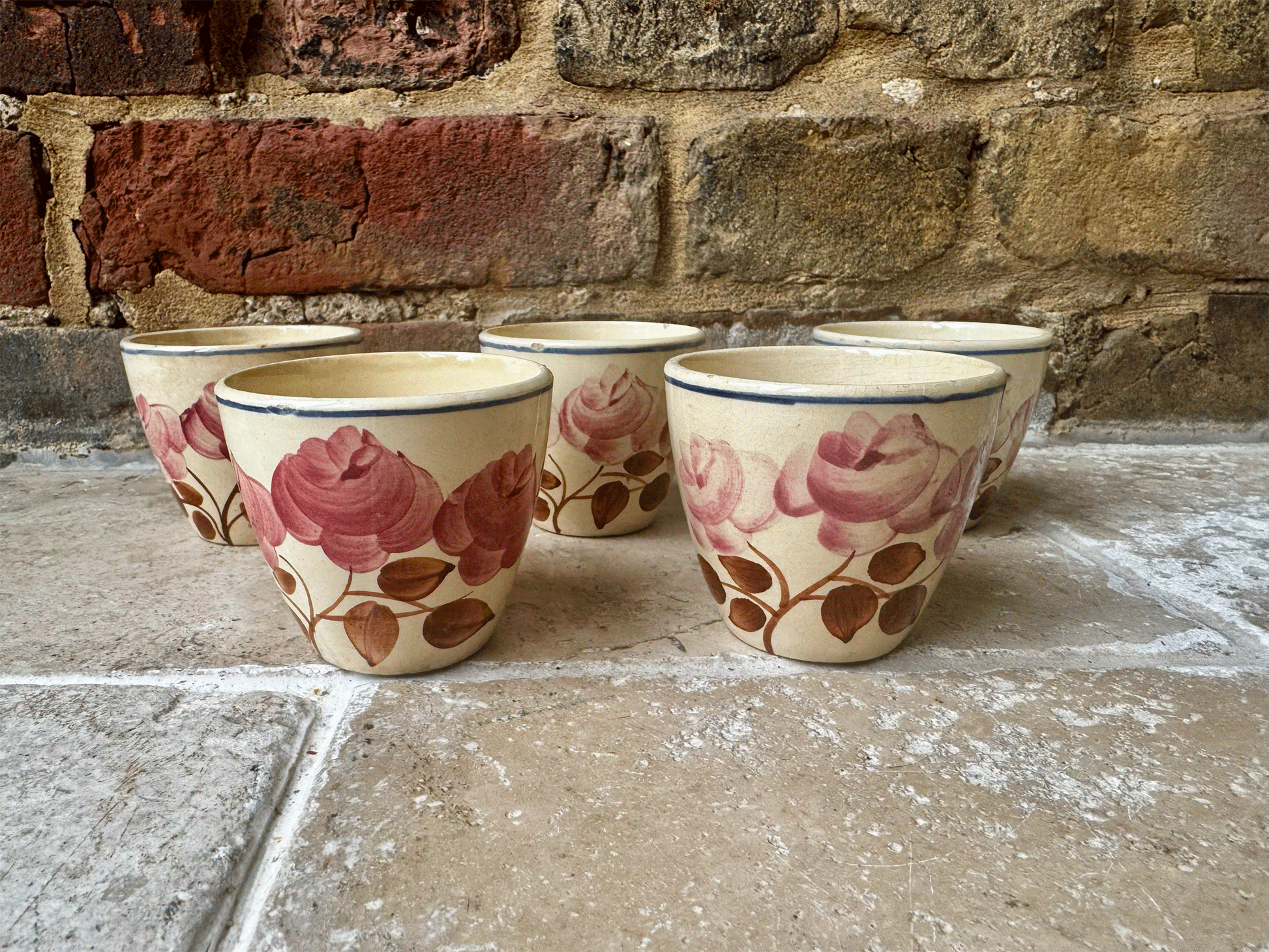 antique french aged timeworn buttery spongeware pink sepia floral espresso coffee cup