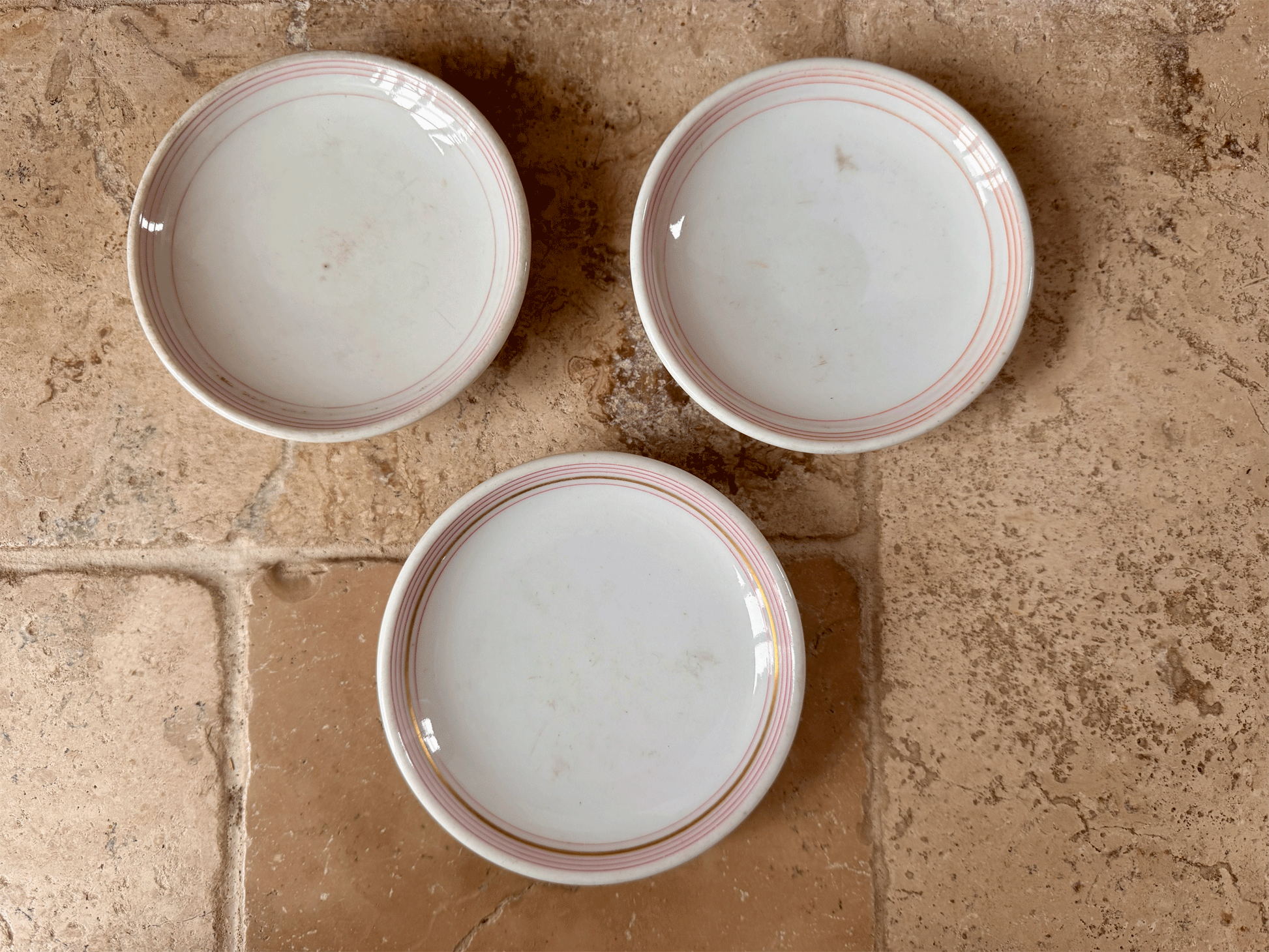 vintage antique french pink rimmed transferware ironstone terre de fer cafe plate dish saucer
