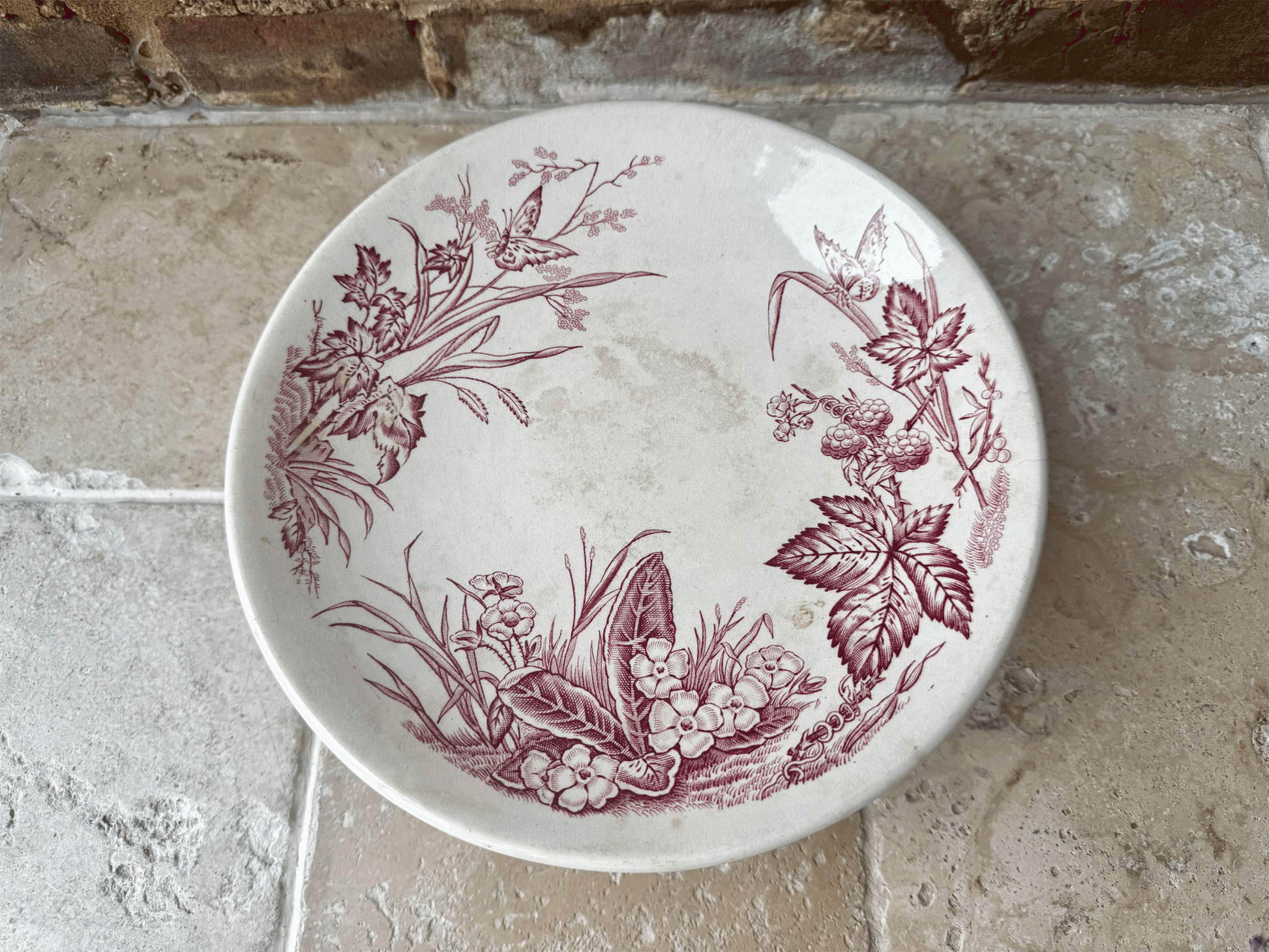 antique french white ironstone pink transferware terre de fer compotier compote dish butterflies flowers florals