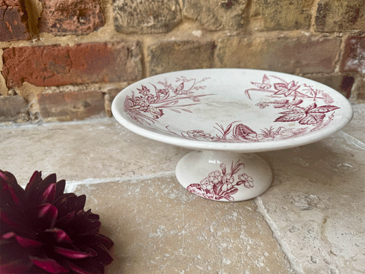 antique french white ironstone pink transferware terre de fer compotier compote dish butterflies flowers florals