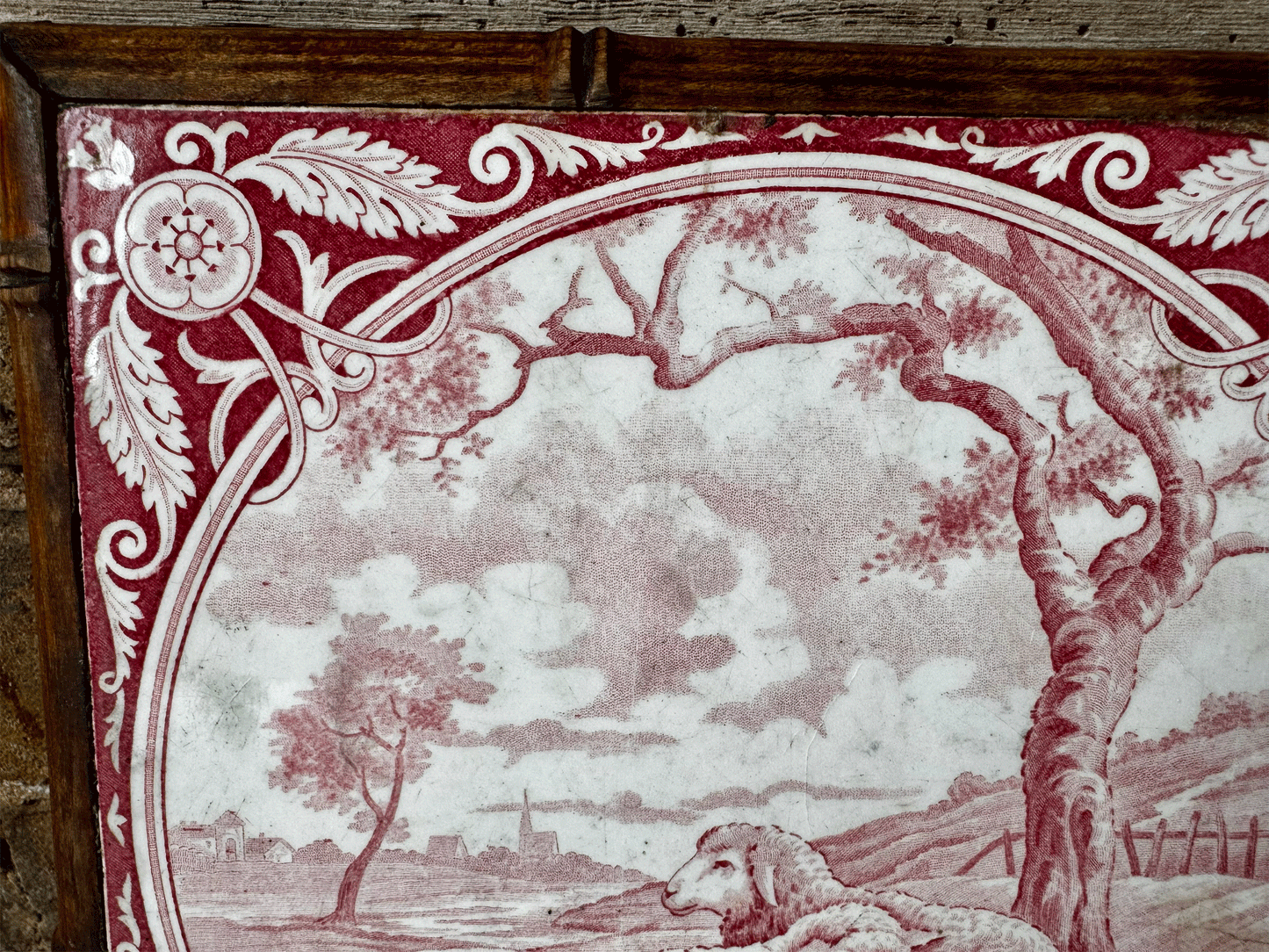 rare antique french pink red gien tile sheep countryside village field setting trivet pot stand