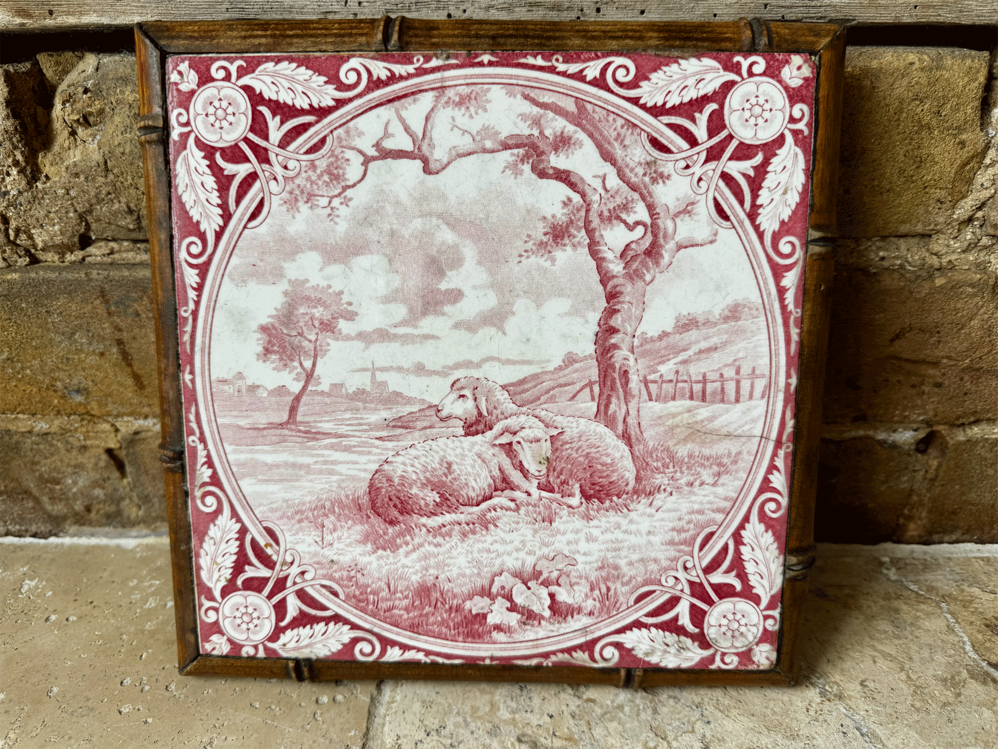 rare antique french pink red gien tile sheep countryside village field setting trivet pot stand