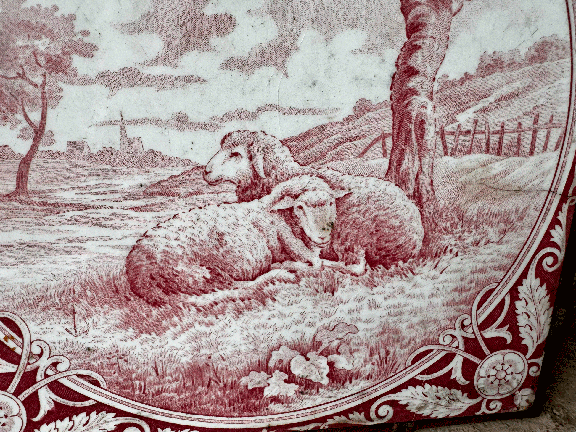 rare antique french pink red gien tile sheep countryside village field setting trivet pot stand