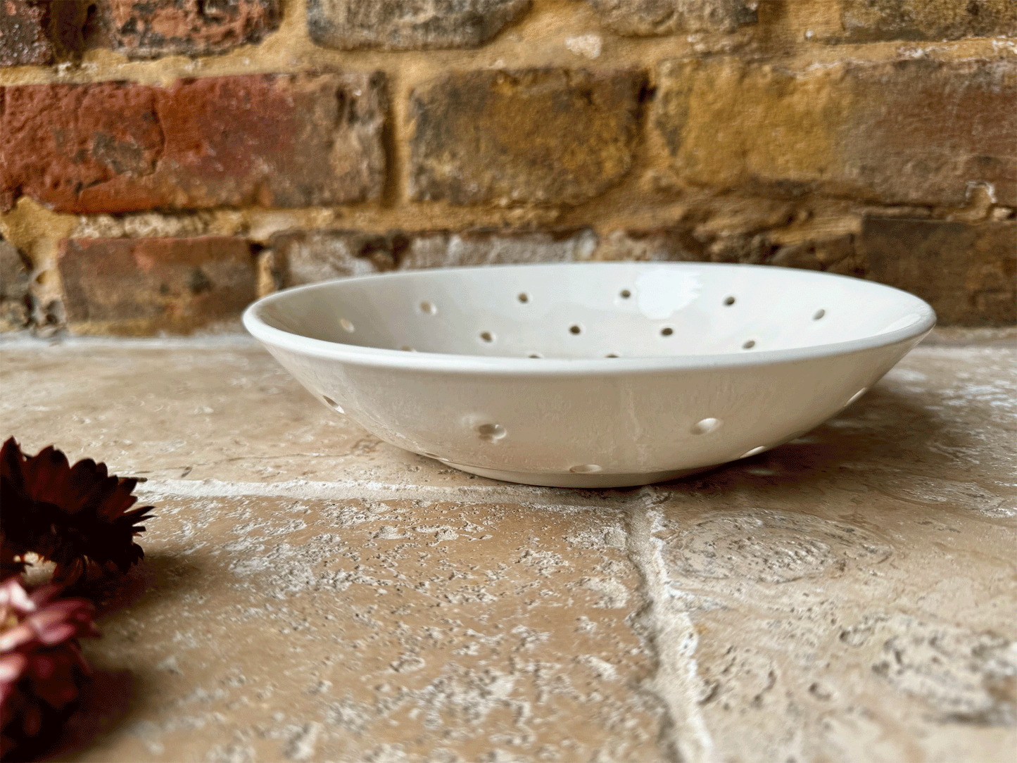 antique french sarreguemines plain white ironstone berry bowl pierced drainer