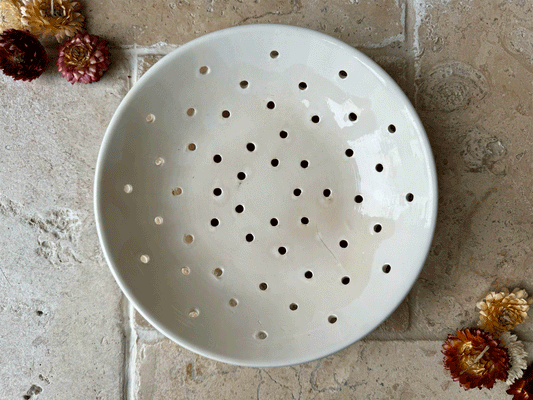 antique french sarreguemines plain white ironstone berry bowl pierced drainer