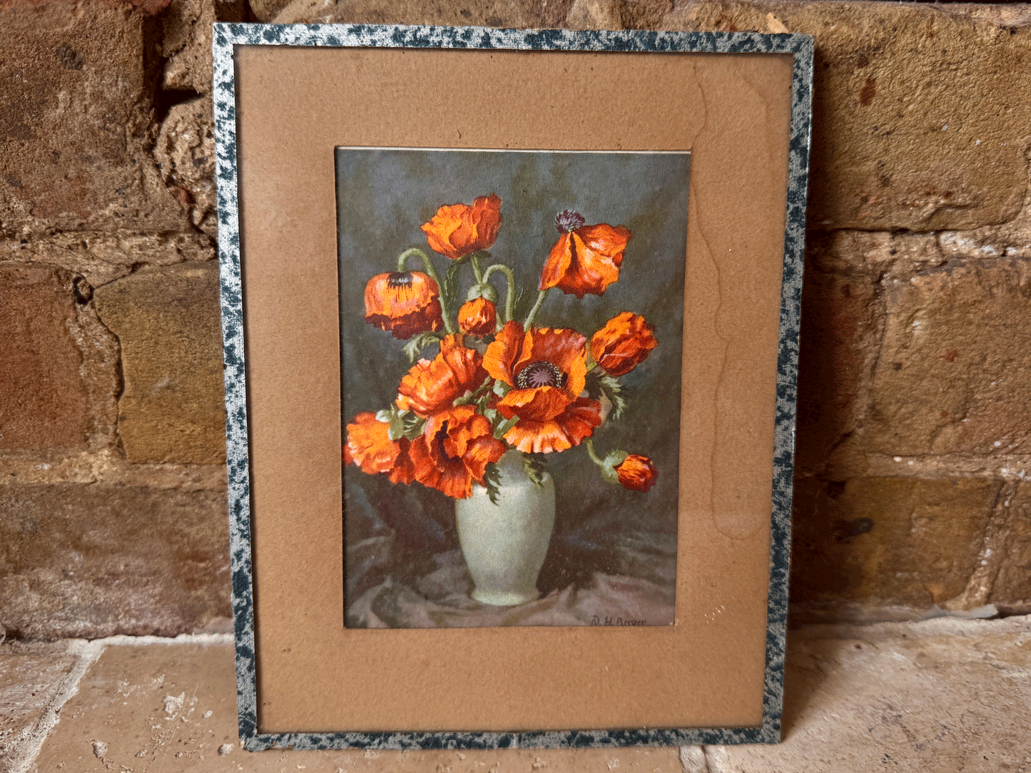 antique framed french postcard orange poppies still life art nh berger