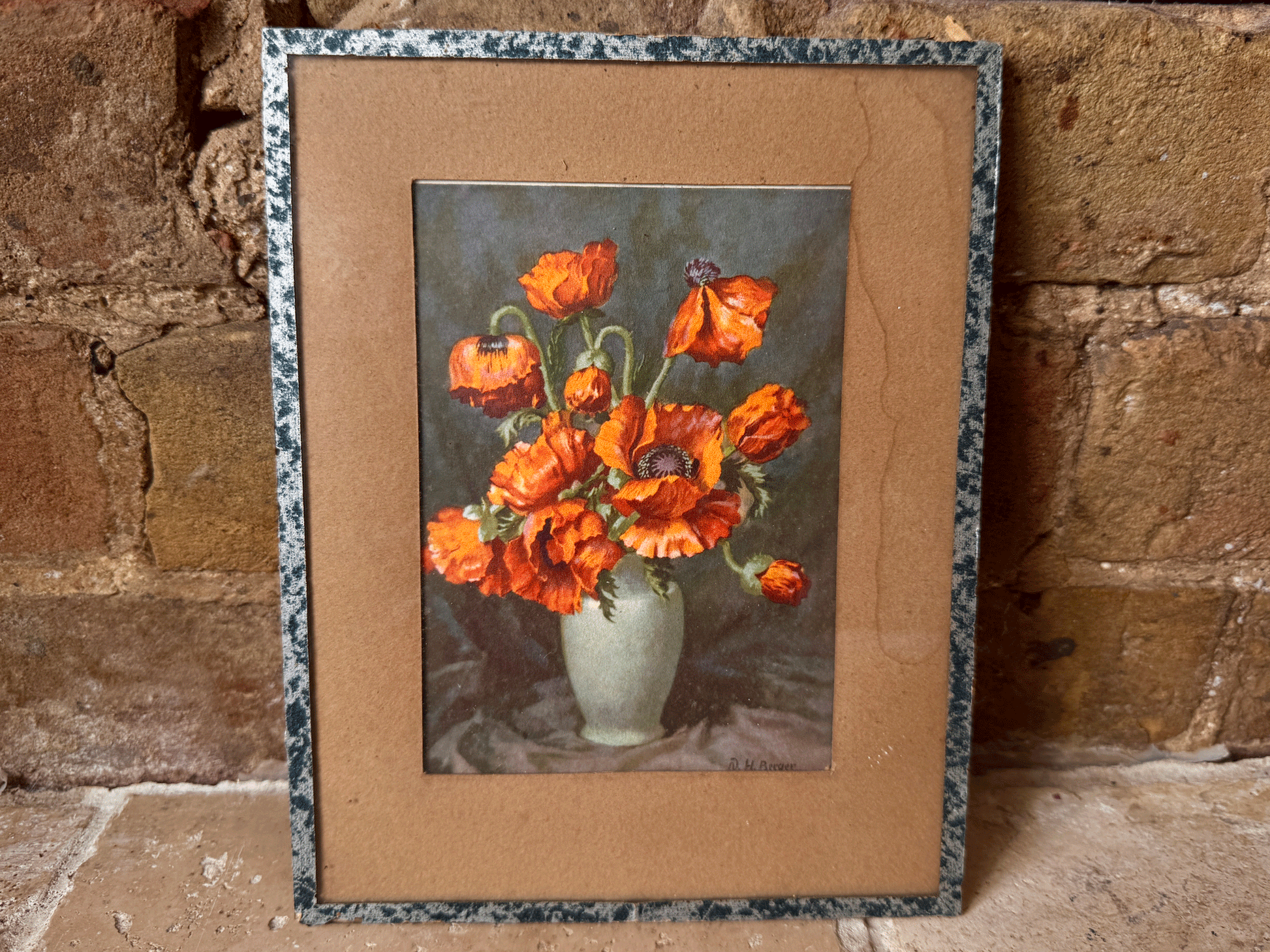 antique framed french postcard orange poppies still life art nh berger