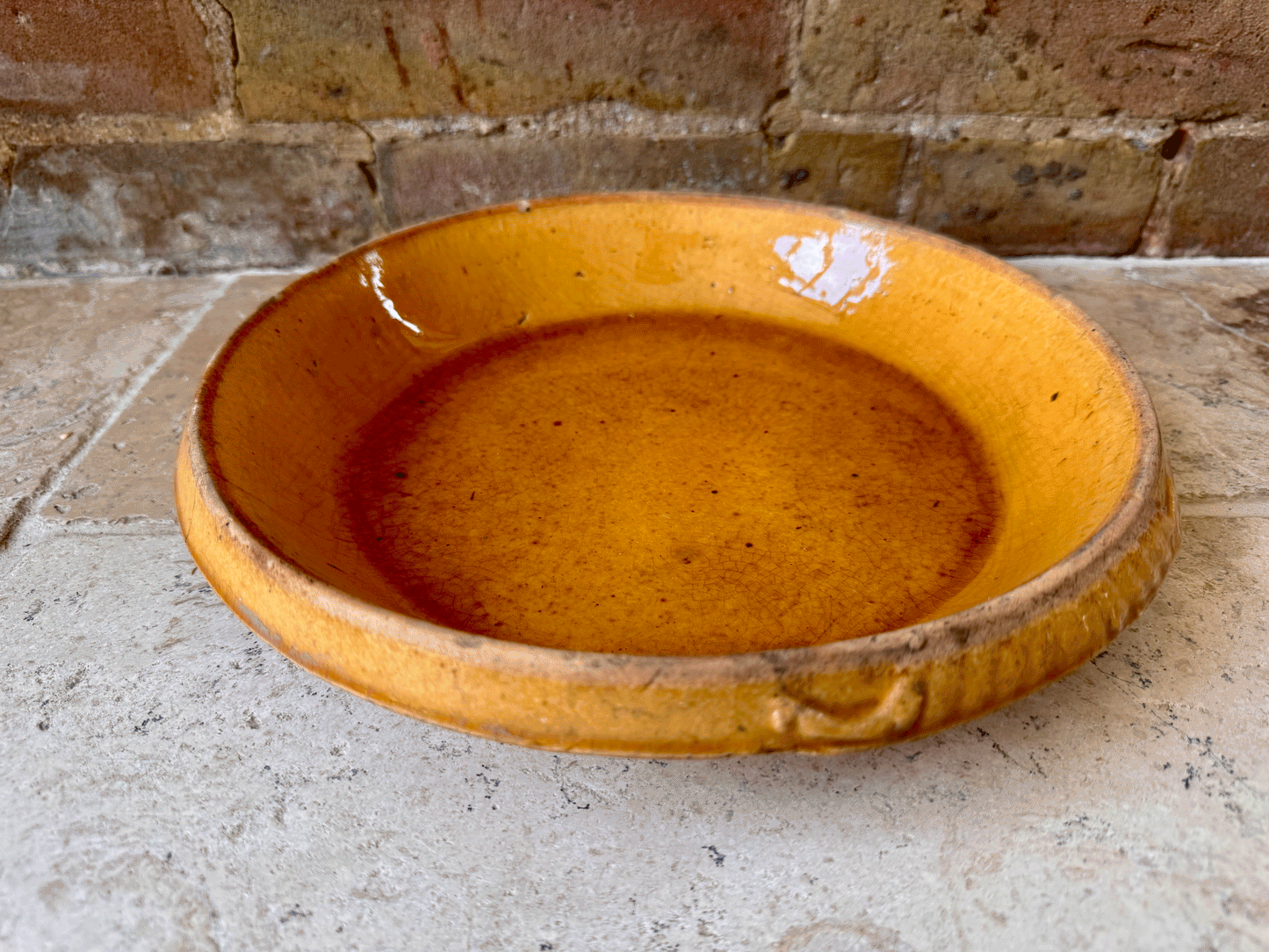 rare antique french provencal yellow ochre glazed shallow dairy pan milk bowl terracotta