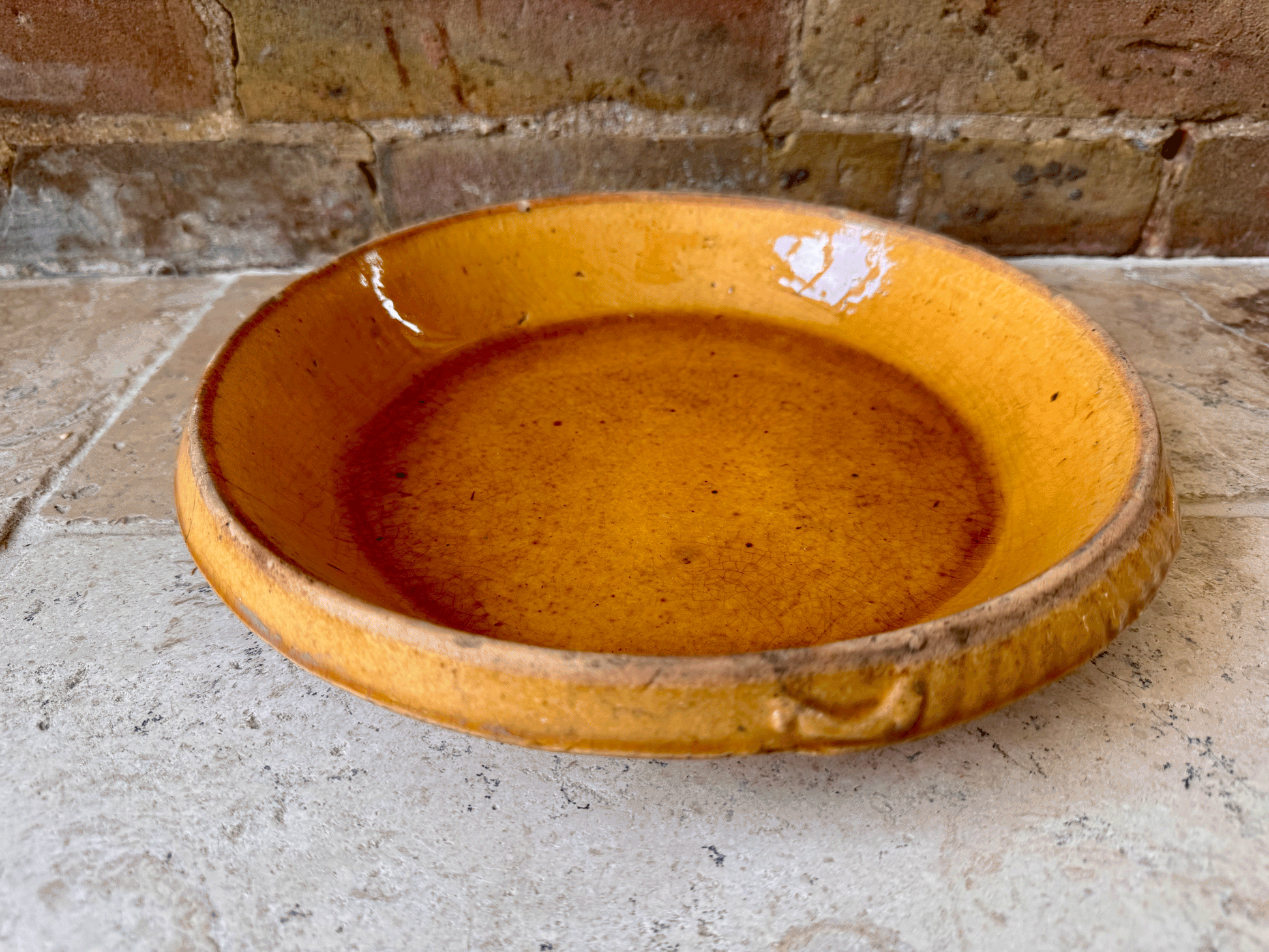 rare antique french provencal yellow ochre glazed shallow dairy pan milk bowl terracotta