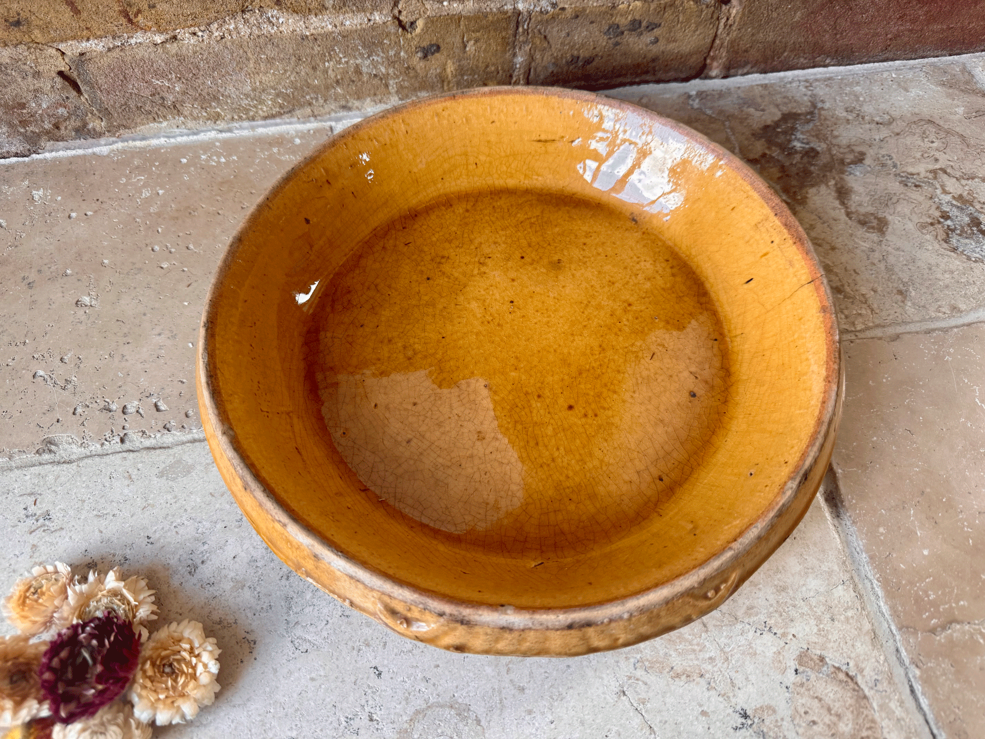 rare antique french provencal yellow ochre glazed shallow dairy pan milk bowl terracotta
