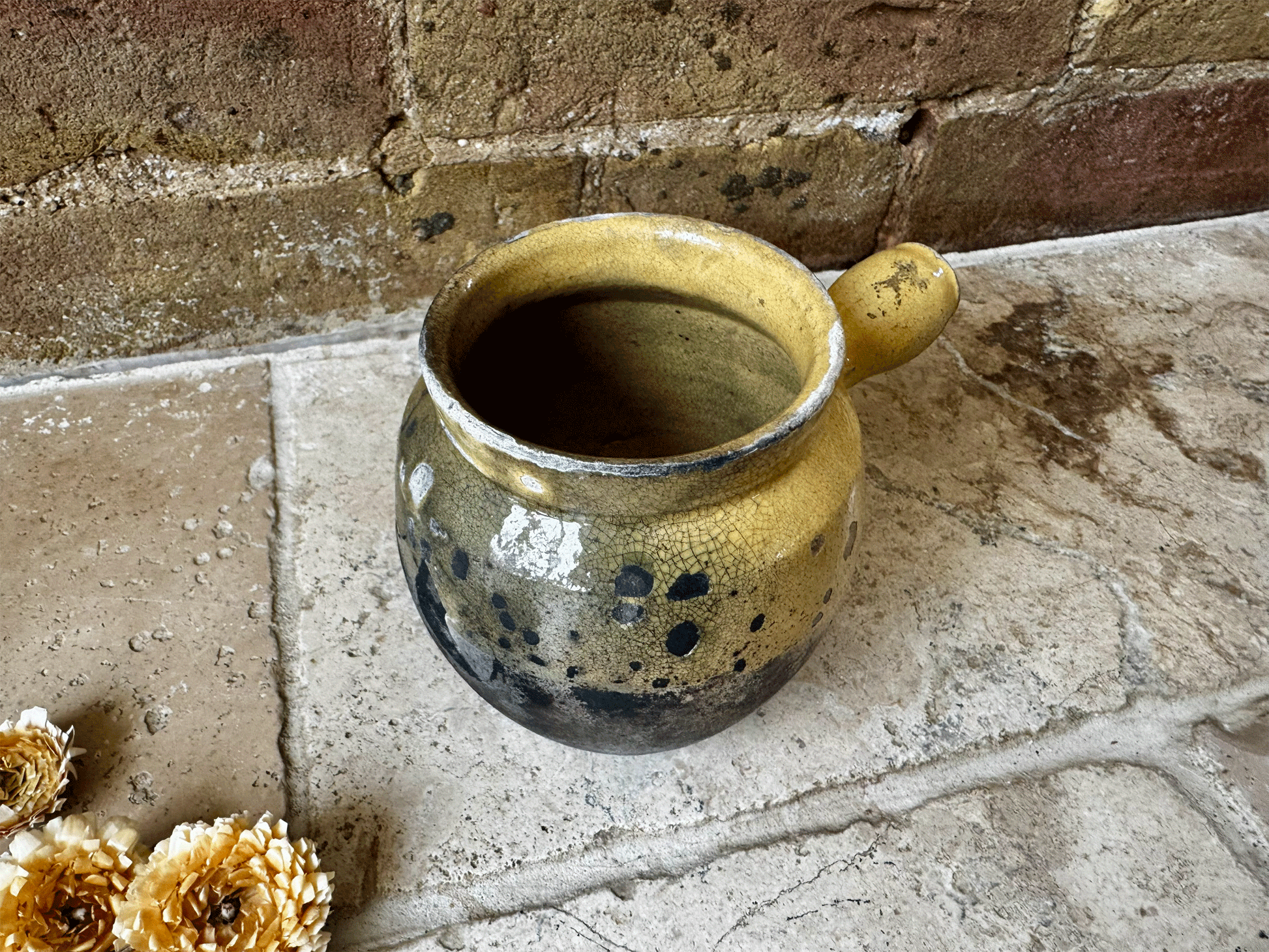 rare antique french small confit toupin pot ochre yellow provencal earthenware terracotta