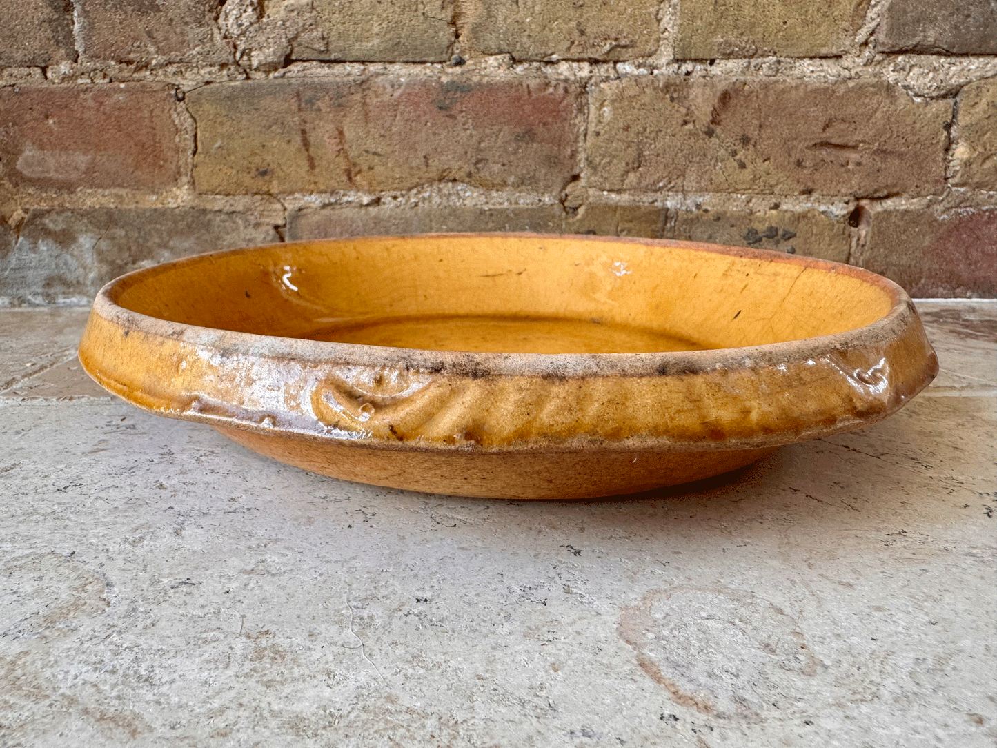 rare antique french provencal yellow ochre glazed shallow dairy pan milk bowl terracotta