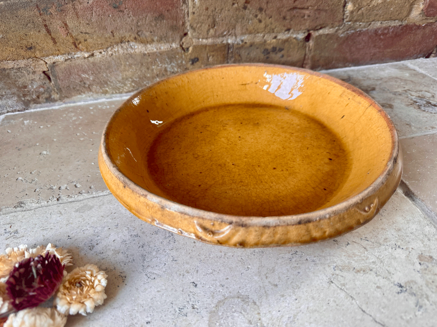 rare antique french provencal yellow ochre glazed shallow dairy pan milk bowl terracotta