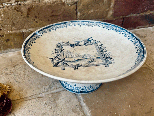 antique french rare 19th century salins paysage blue transferware terre de fer ironstone compotier compote dish stand