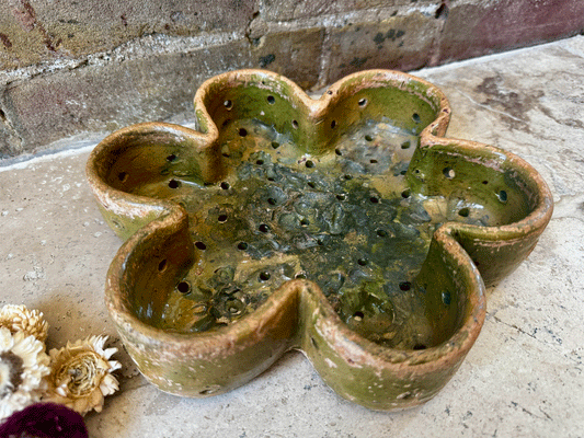 rare antique 19th century provencal cheese mould strainer drainer faisselle wheel earthenware terracotta green glaze