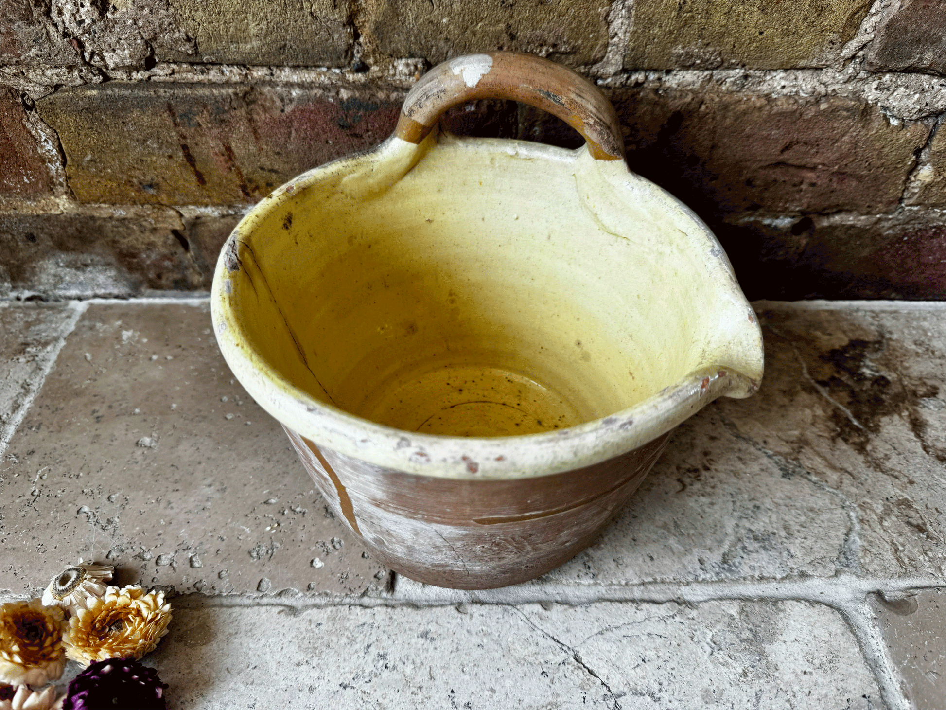 rare antique french 19th century earthenware terracotta yellow glazed milk pail seille pouring lip handle
