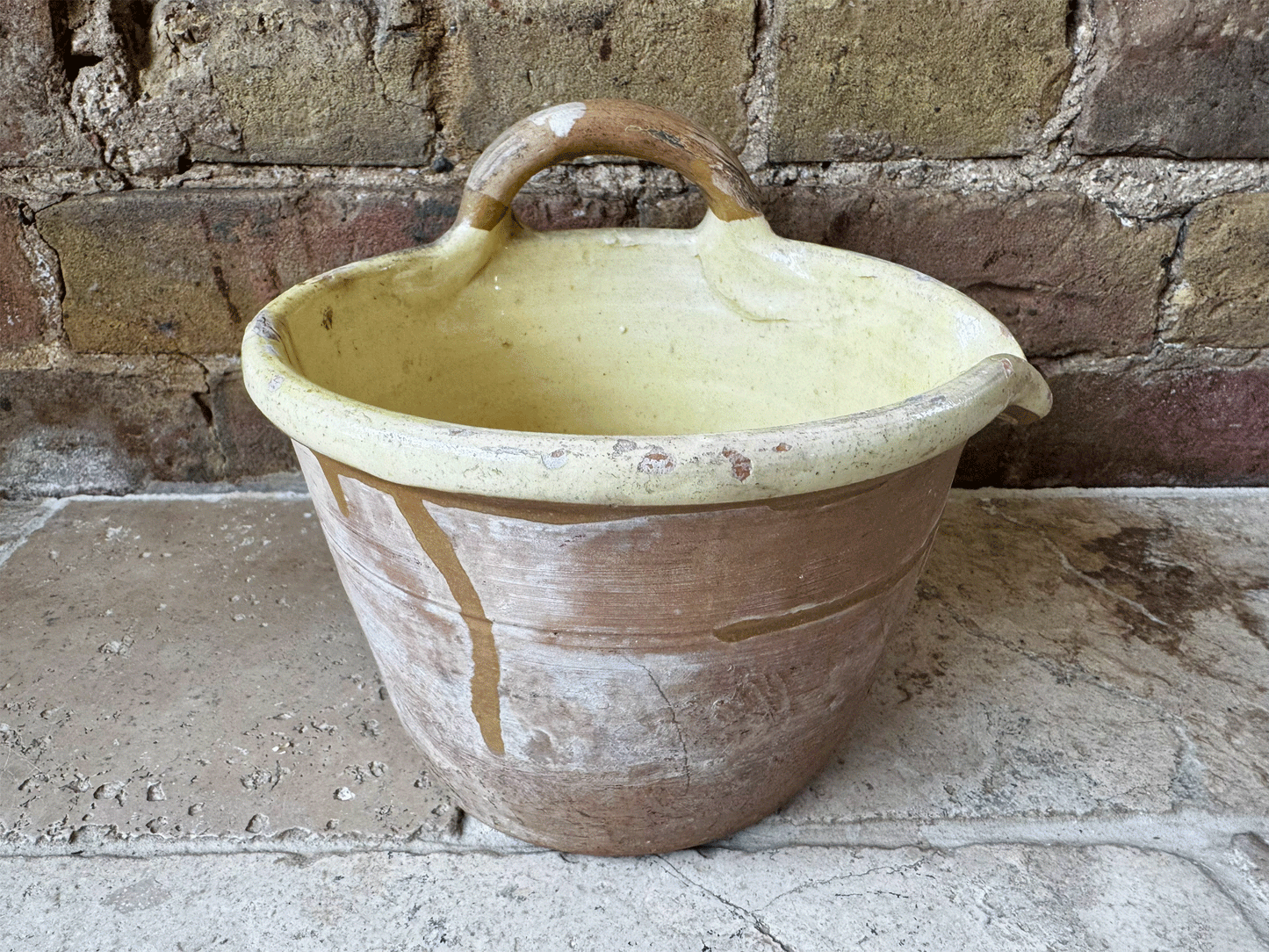 rare antique french 19th century earthenware terracotta yellow glazed milk pail seille pouring lip handle