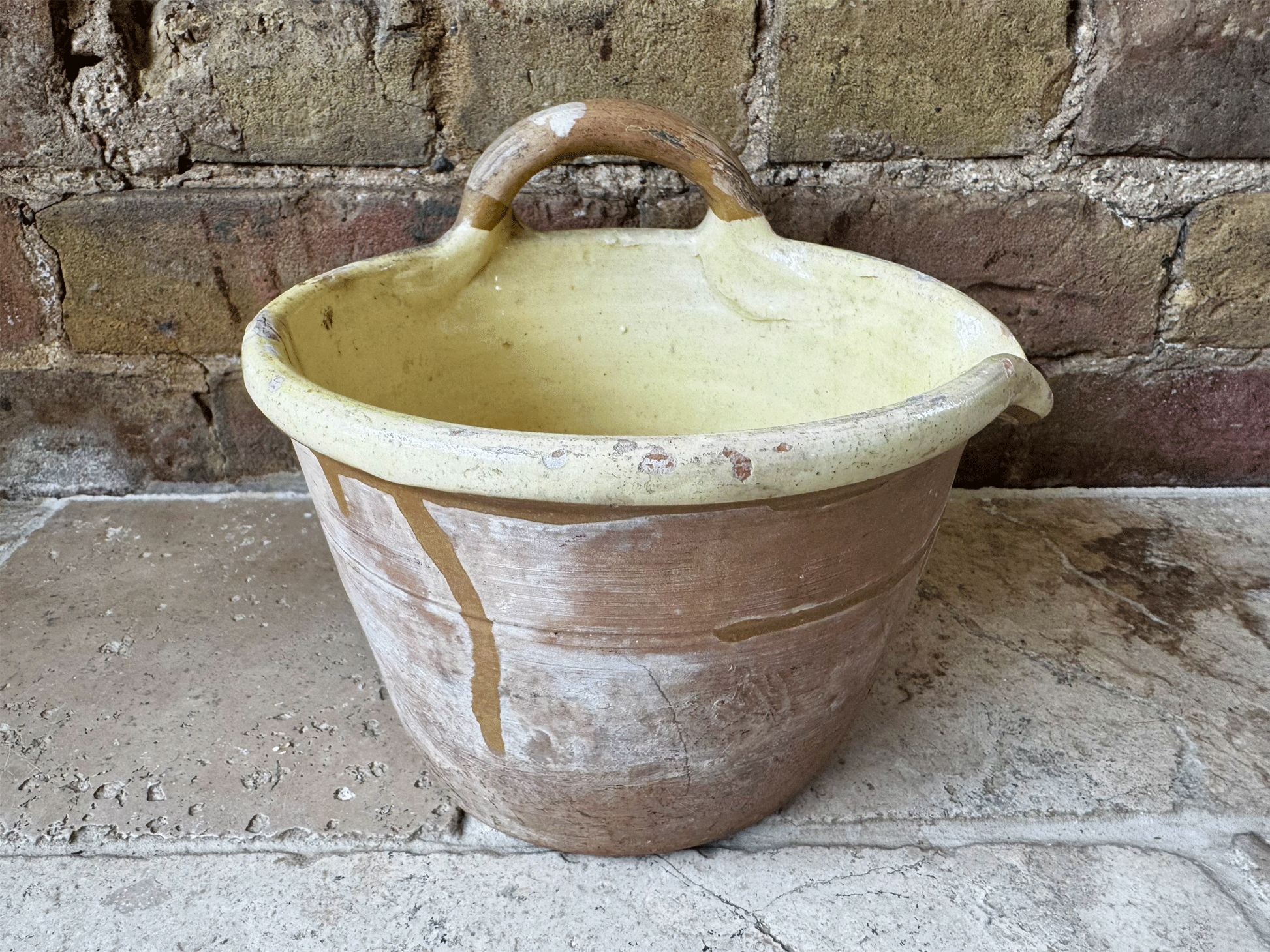 rare antique french 19th century earthenware terracotta yellow glazed milk pail seille pouring lip handle