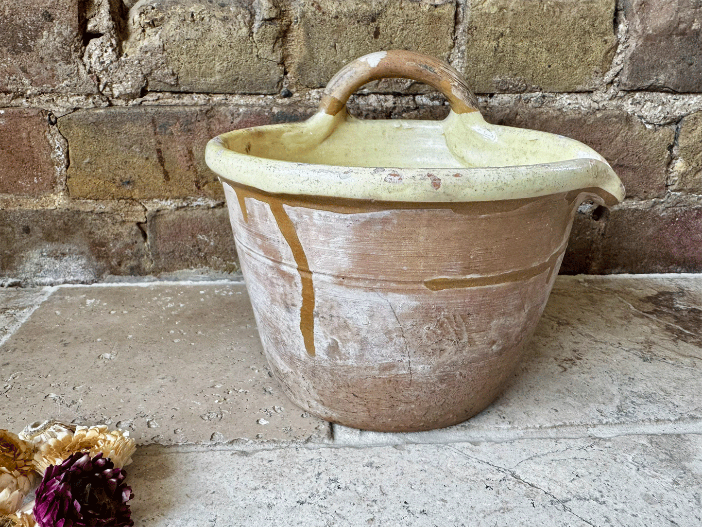 rare antique french 19th century earthenware terracotta yellow glazed milk pail seille pouring lip handle