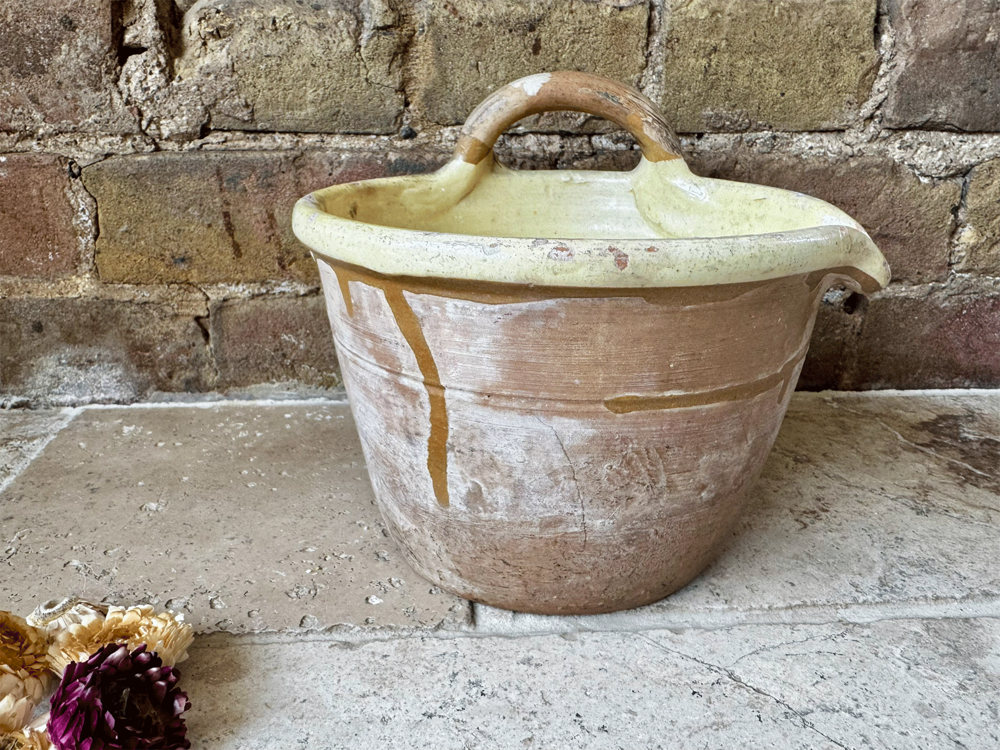 rare antique french 19th century earthenware terracotta yellow glazed milk pail seille pouring lip handle