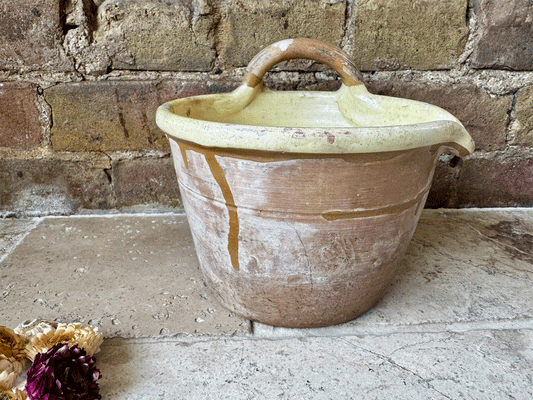 rare antique french 19th century earthenware terracotta yellow glazed milk pail seille pouring lip handle