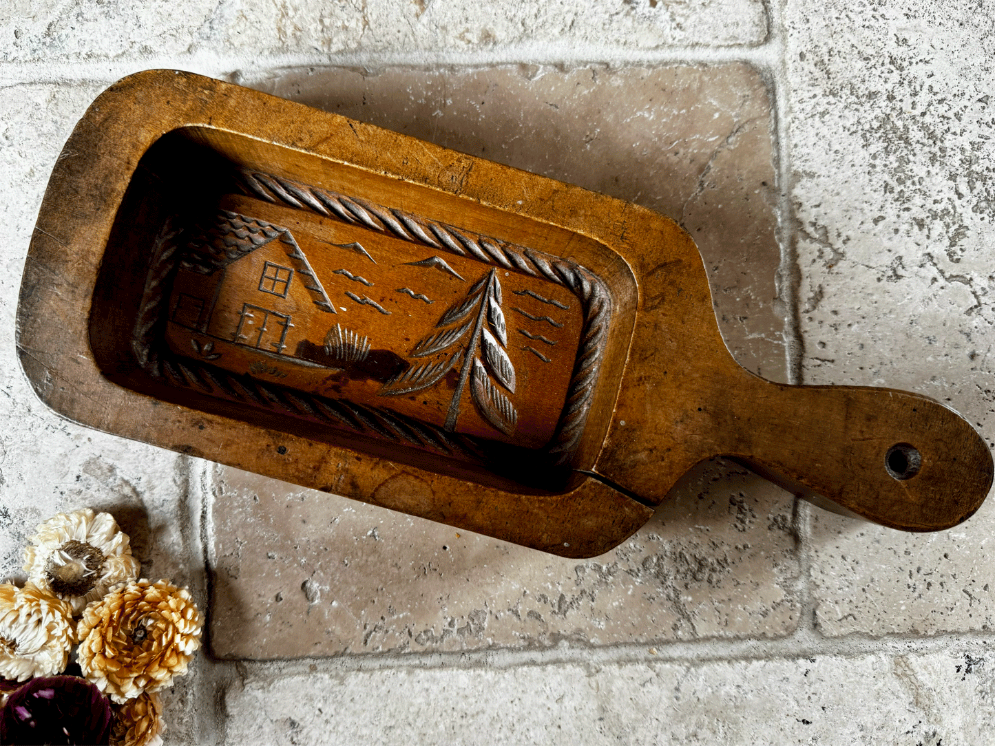rare antique french carved butter brick mould alpine village country mountain scene setting