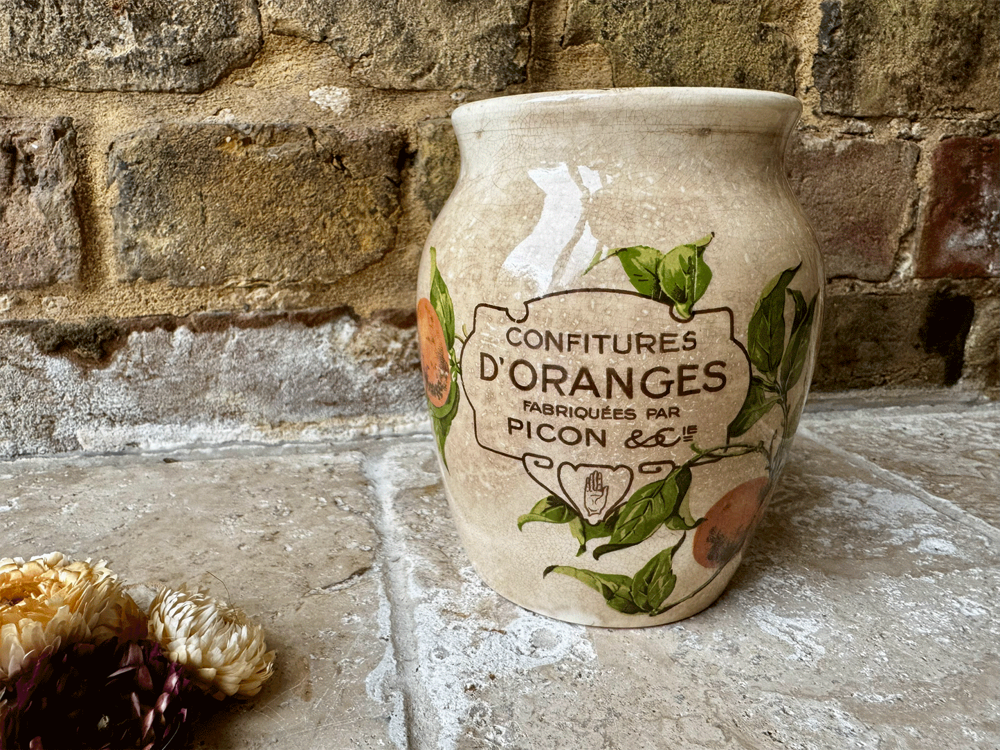 antique french large ironstone advertising pot picon confitures oranges