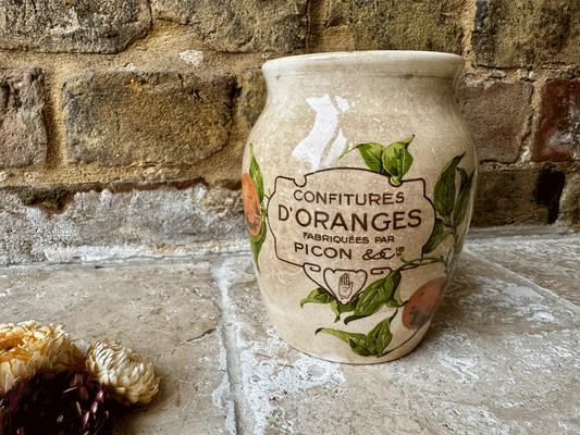 antique french large ironstone advertising pot picon confitures oranges