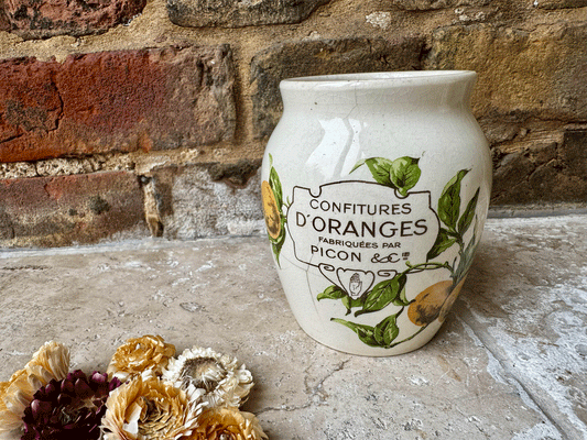 antique french rare white ironstone advertising confiture pot picon oranges