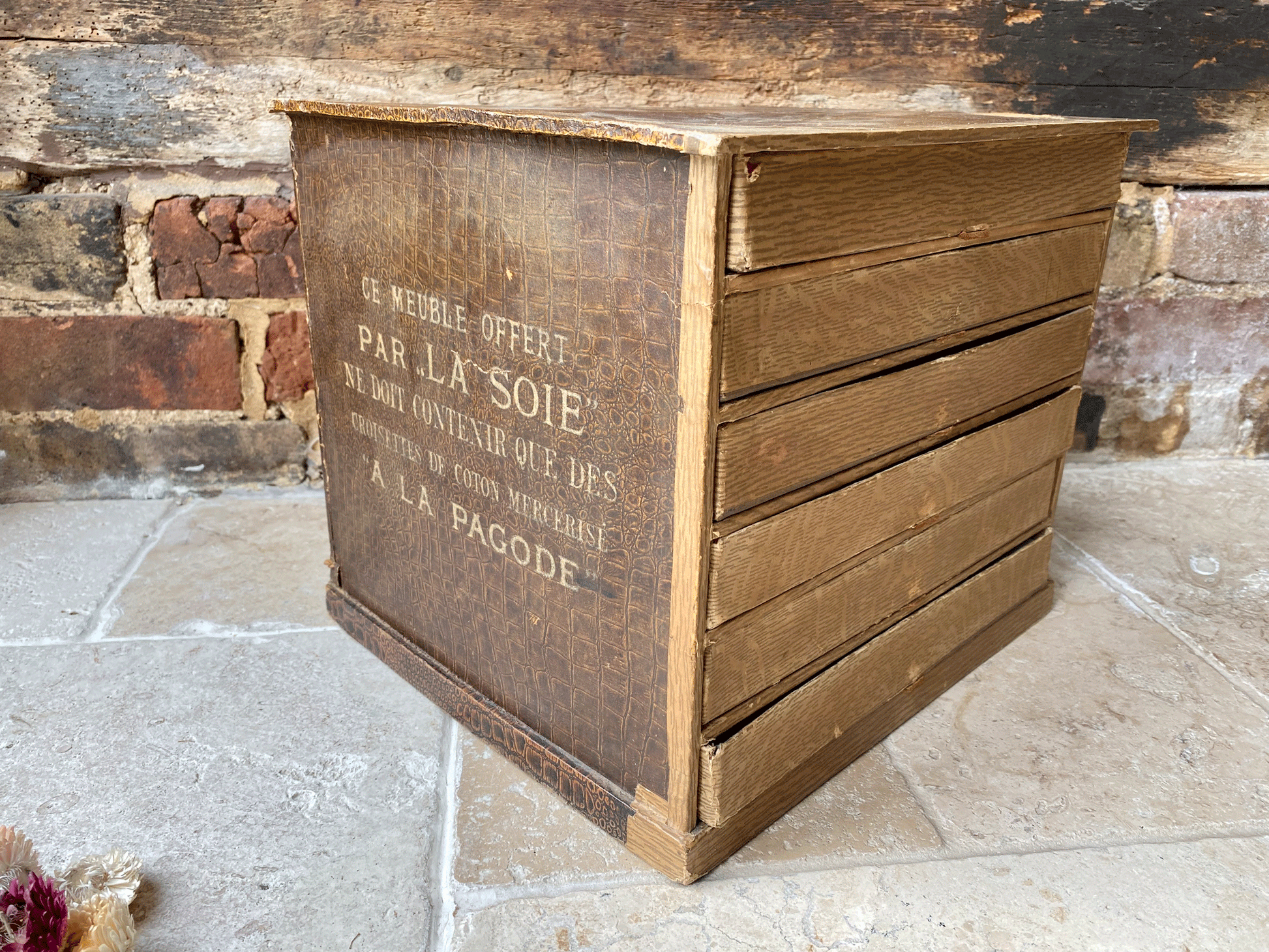 antique french chippy weathered vintage mercerie haberdashery shop advertising box silks cottons la soie la pagode