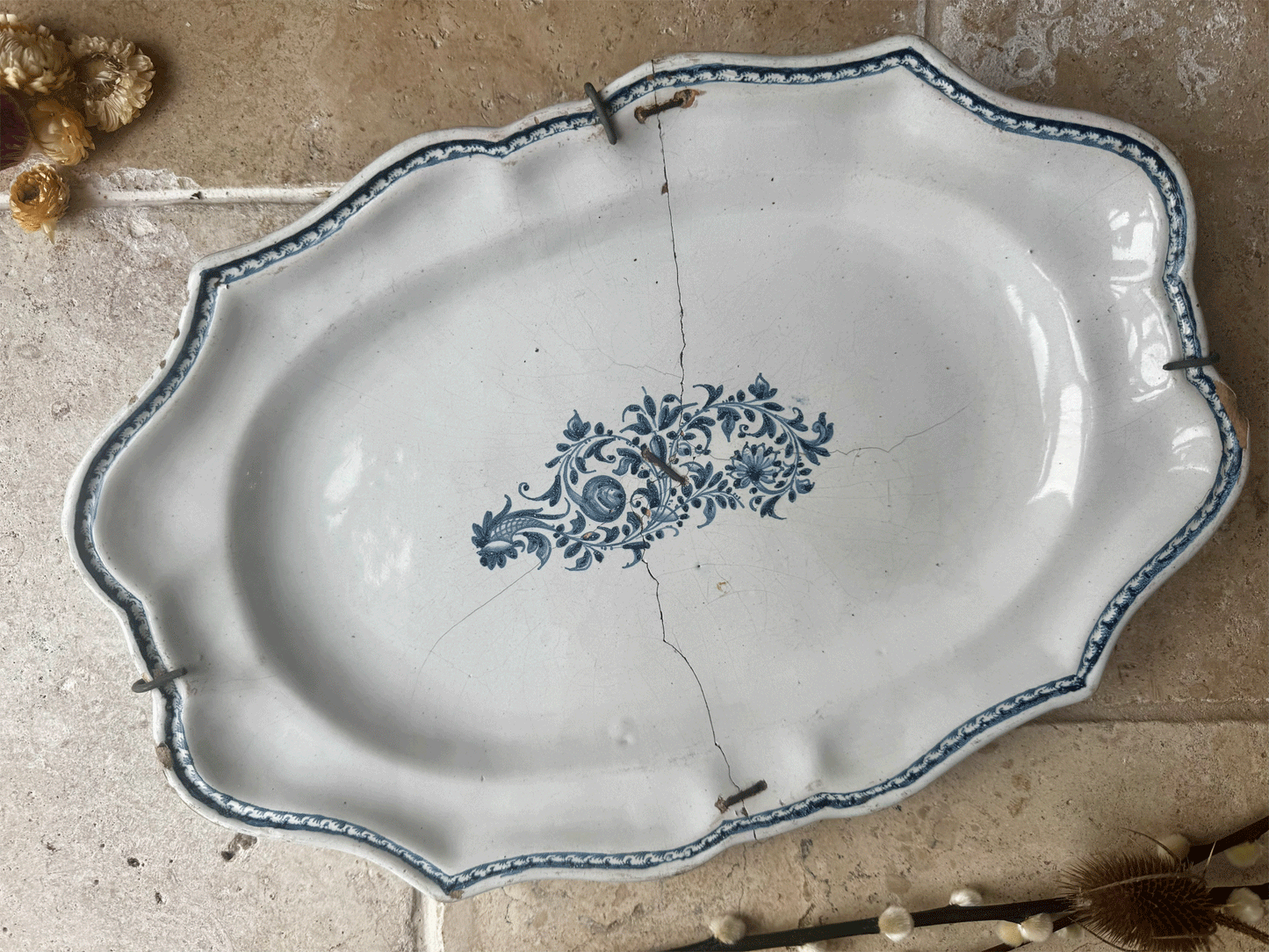 antique french large hand painted 19th century platter blue floral motif stapled repair