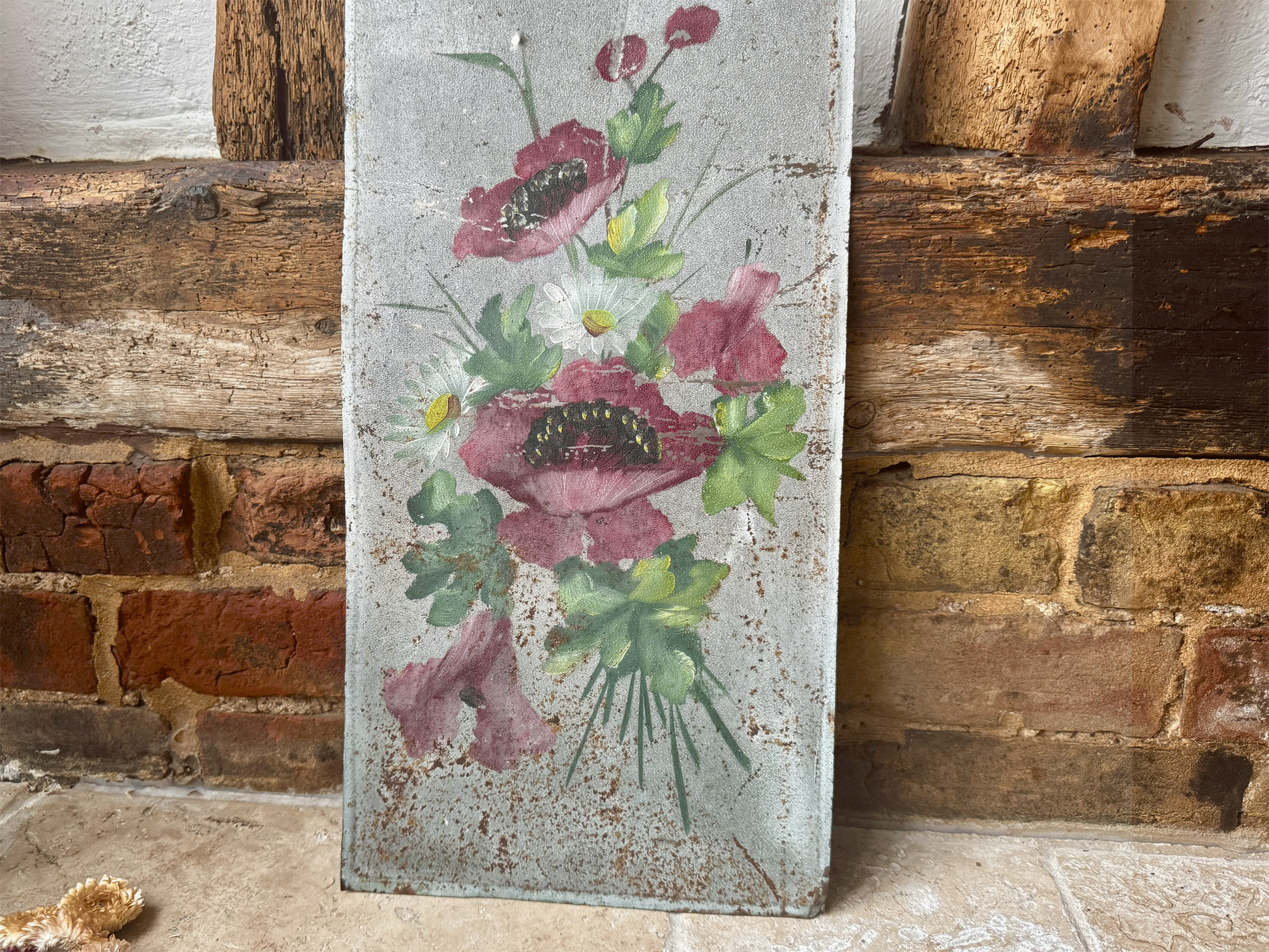 antique french oil painting toleware board florals poppies