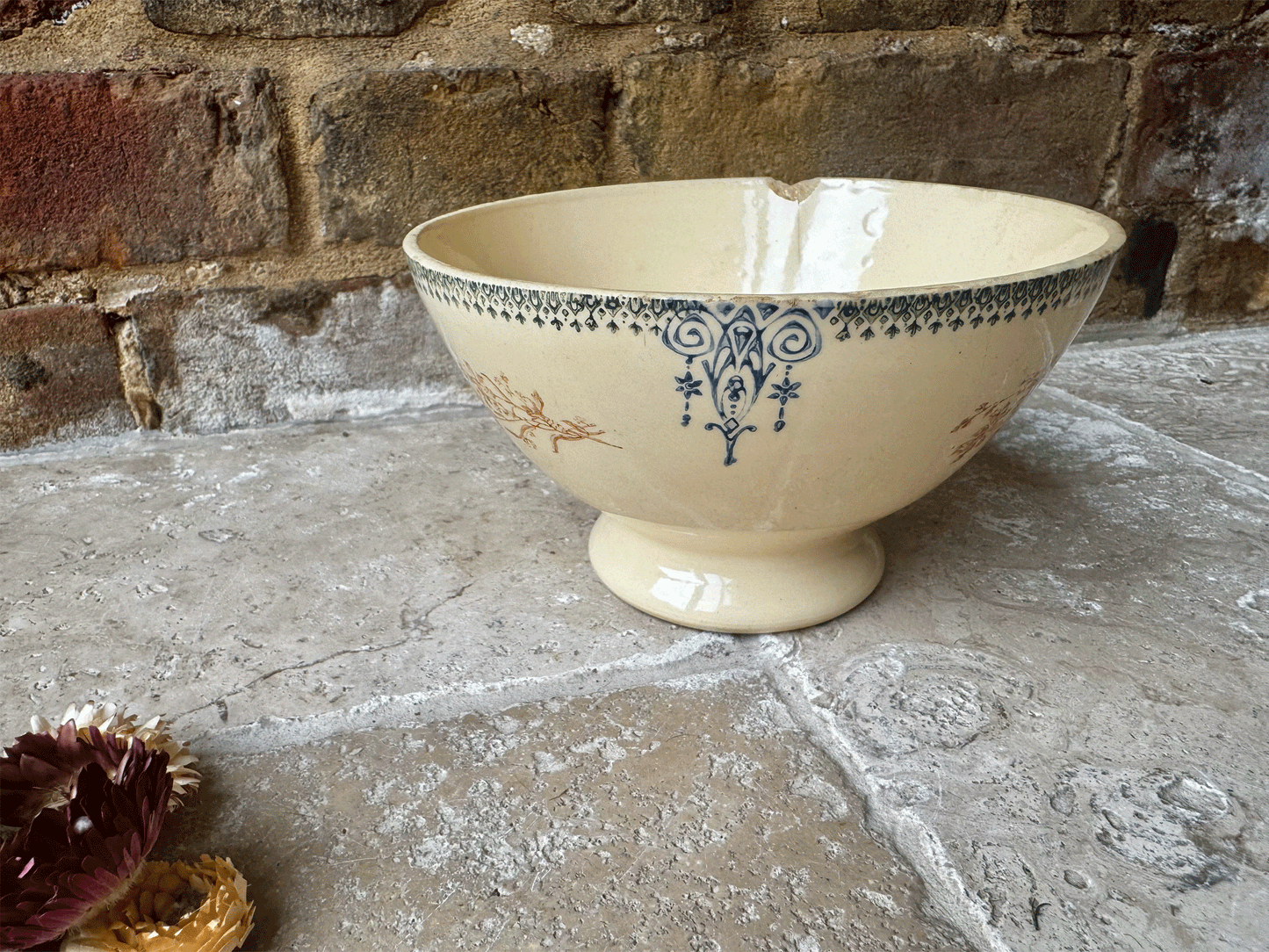 rare large antique french spongeware ironstone cafe au lait bowl