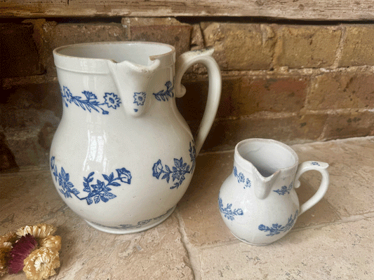 antique french blue white floral extra large small creamer pitcher jug