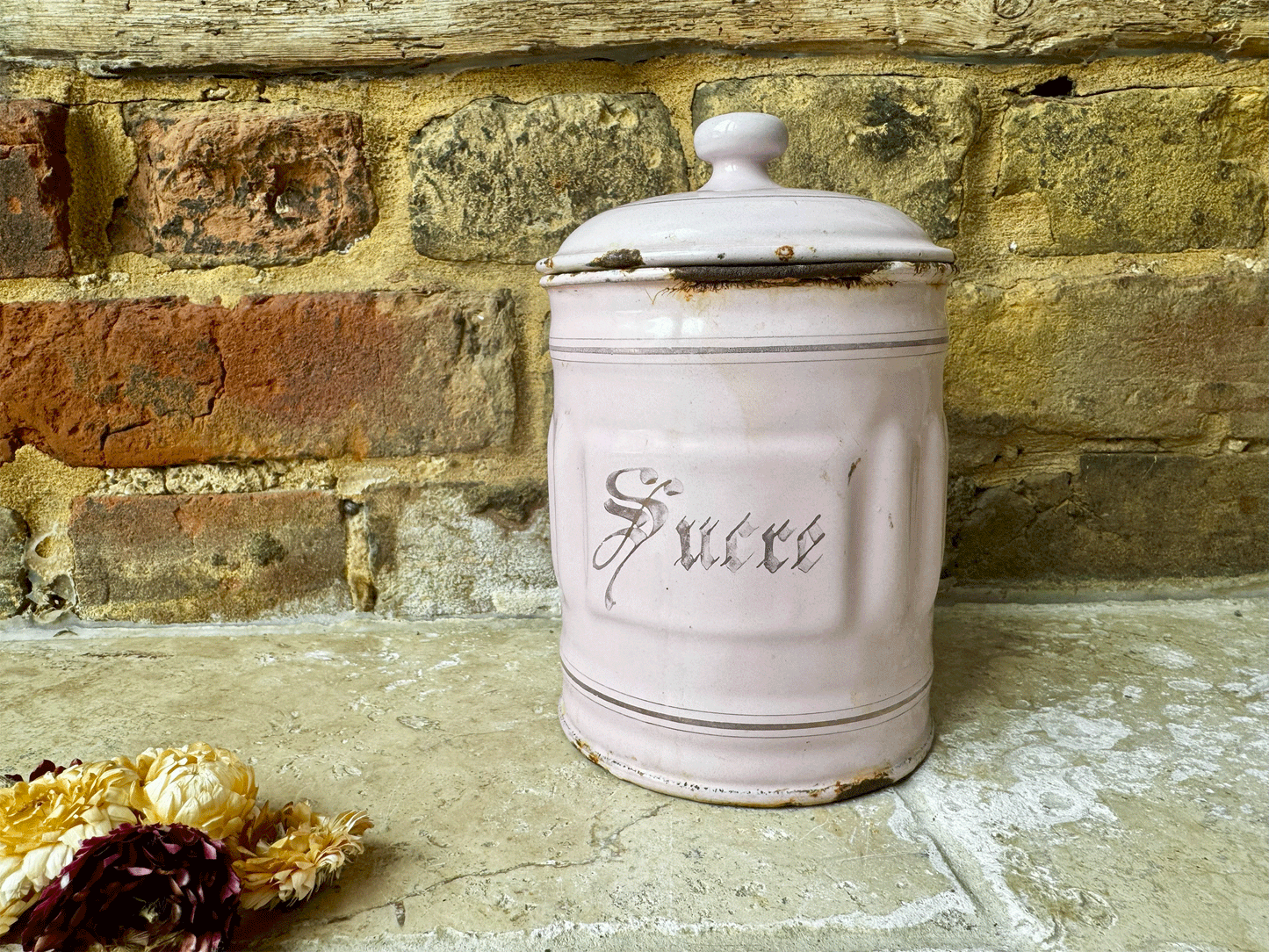 antique french pink enamel sucre kitchen canister storage jar

