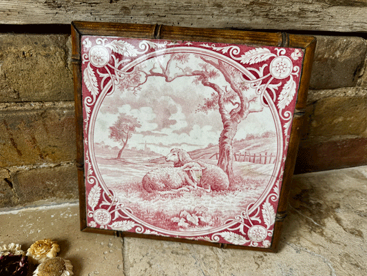 rare antique french pink red gien tile sheep countryside village field setting trivet pot stand