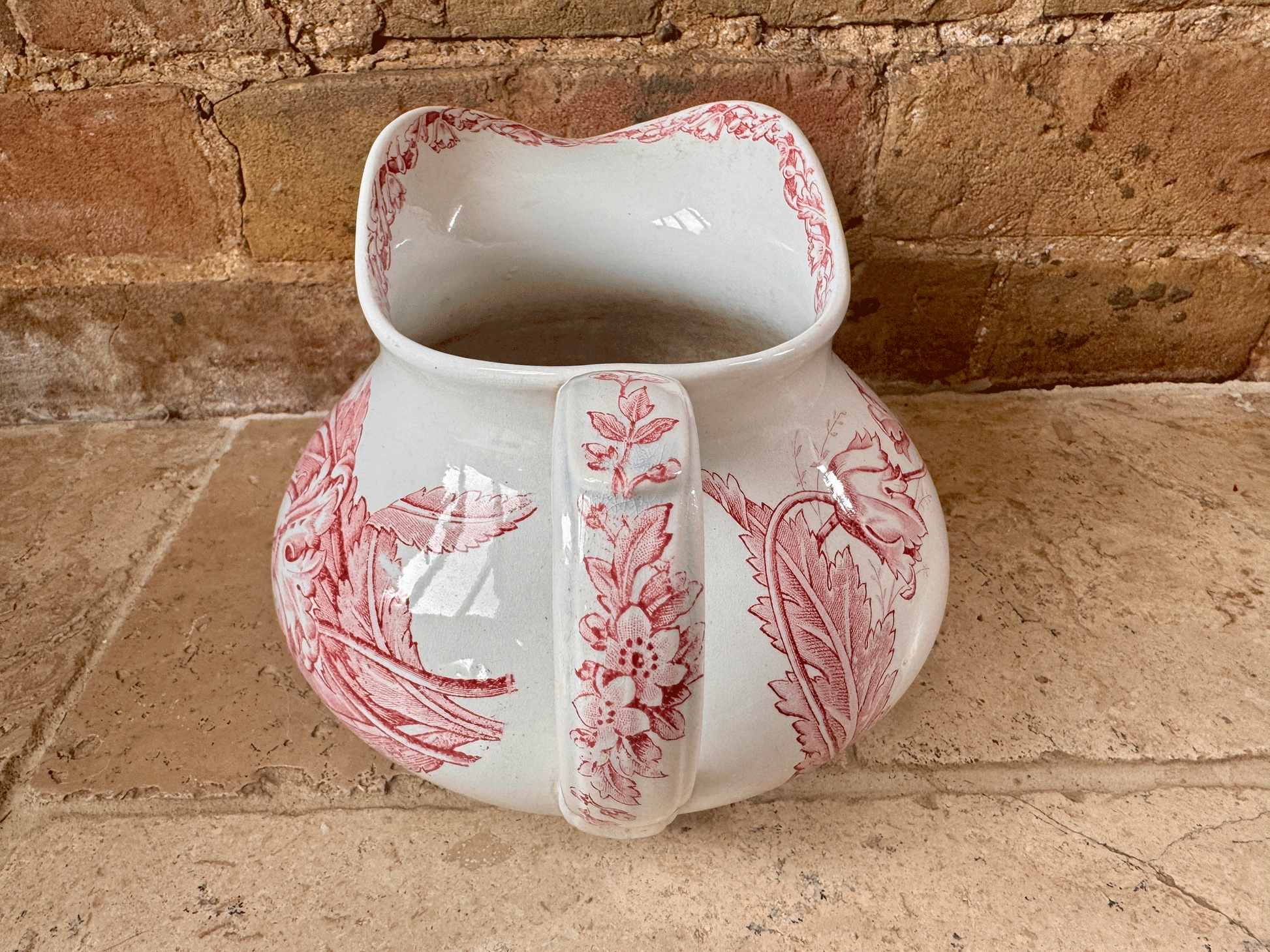 antique french ironstone terre de fer pink transferware floral decoration water ewer jug pitcher vase