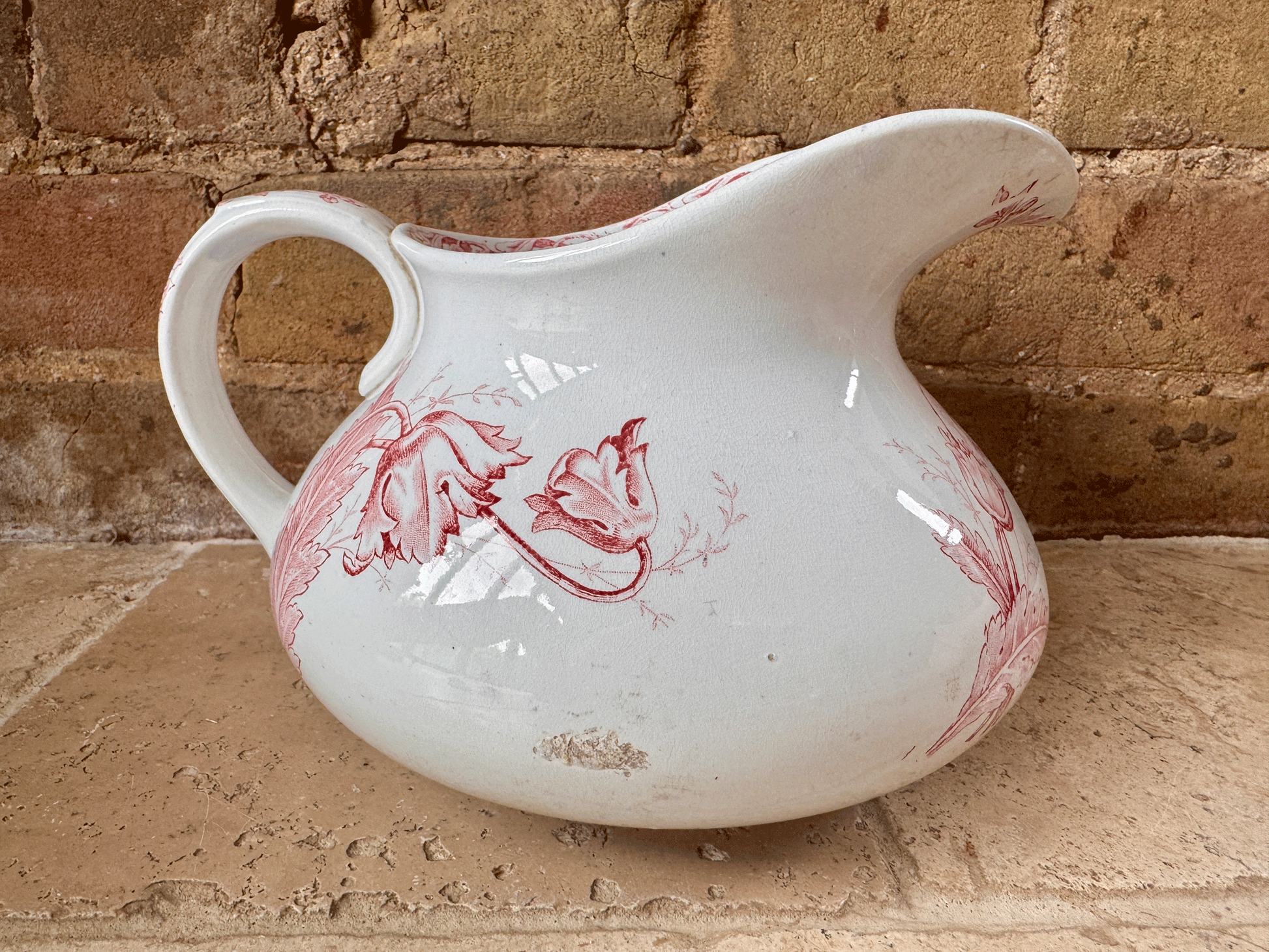 antique french ironstone terre de fer pink transferware floral decoration water ewer jug pitcher vase