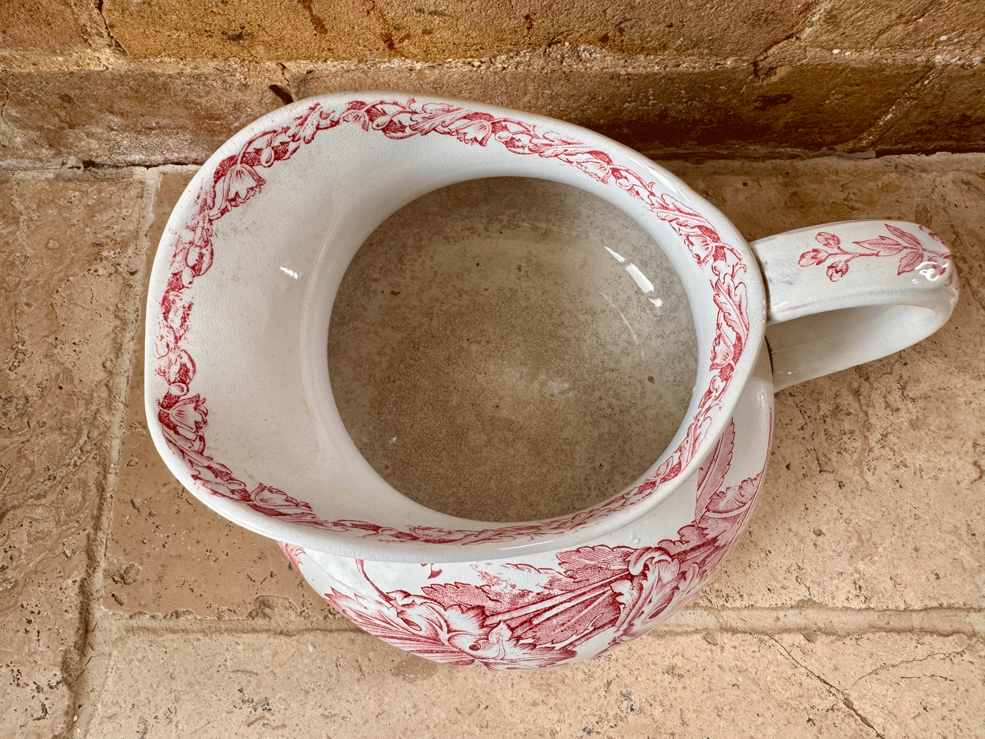 antique french ironstone terre de fer pink transferware floral decoration water ewer jug pitcher vase