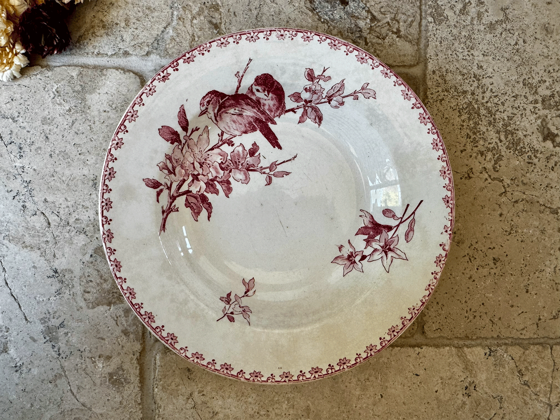 rare antique pink transferware sarreguemines favori terre de fer ironstone soup bowl