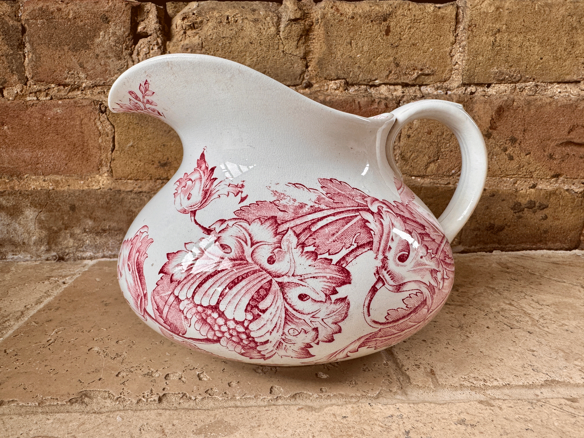 antique french ironstone terre de fer pink transferware floral decoration water ewer jug pitcher vase