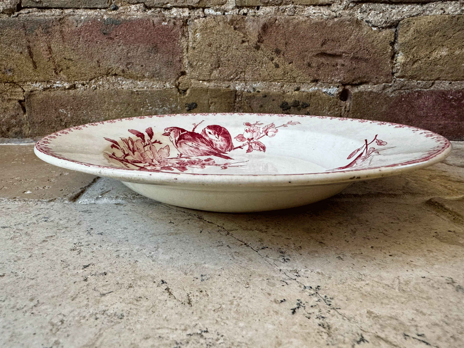 rare antique pink transferware sarreguemines favori terre de fer ironstone soup bowl